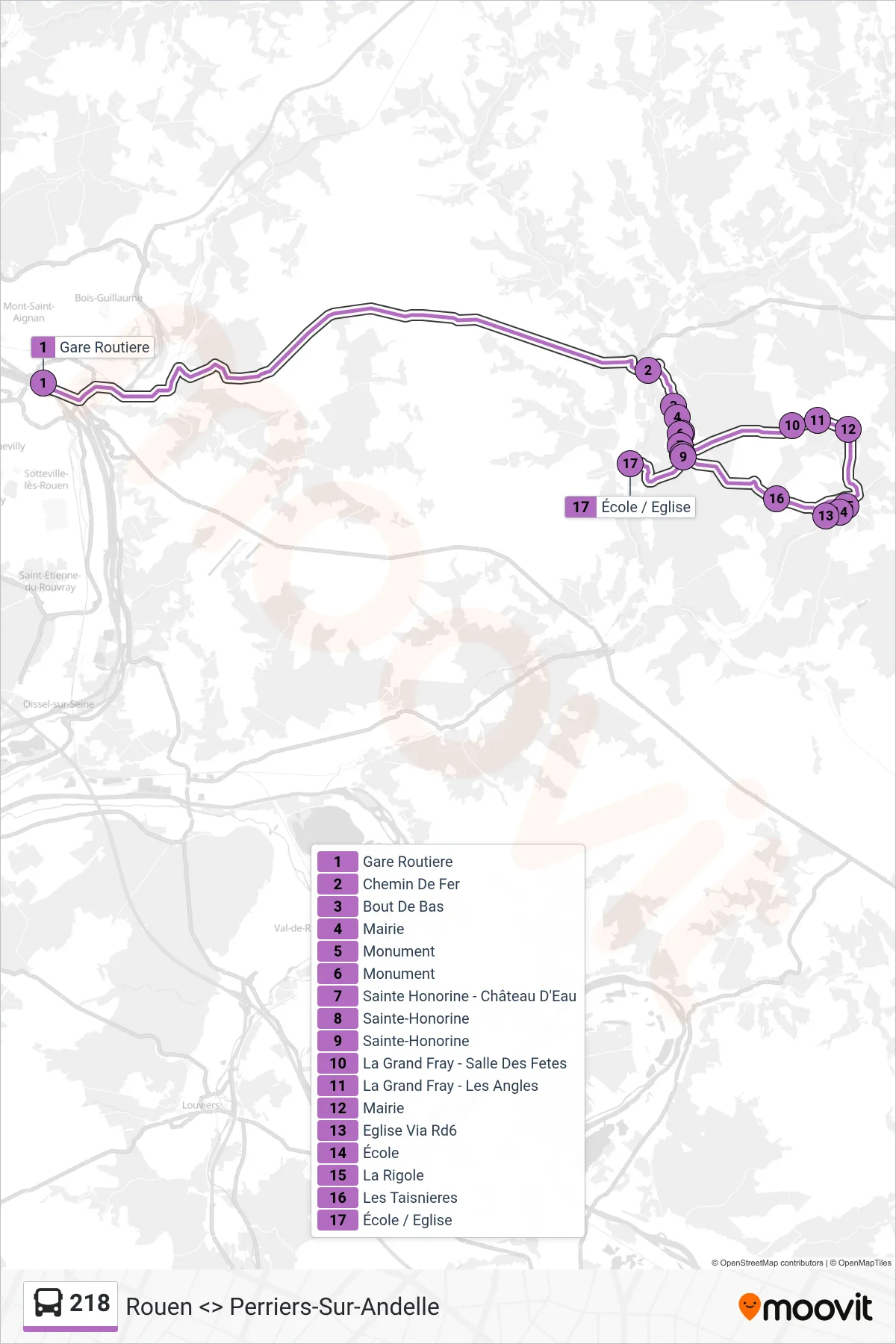 Tracé et arrêts de la ligne 218 de bus (Perriers-Sur-Andelle) sur une carte