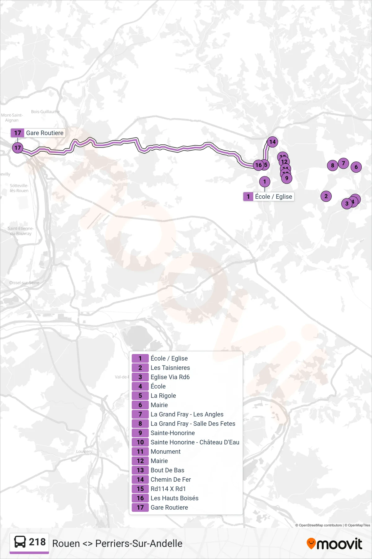 Recorrido y paradas de la línea 218 de autobús (Rouen) en el mapa