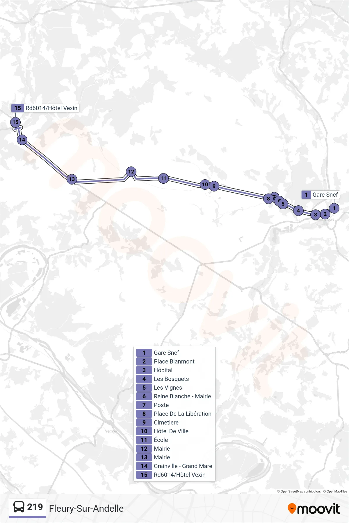 Tracé et arrêts de la ligne 219 de bus (Fleury-Sur-Andelle) sur une carte