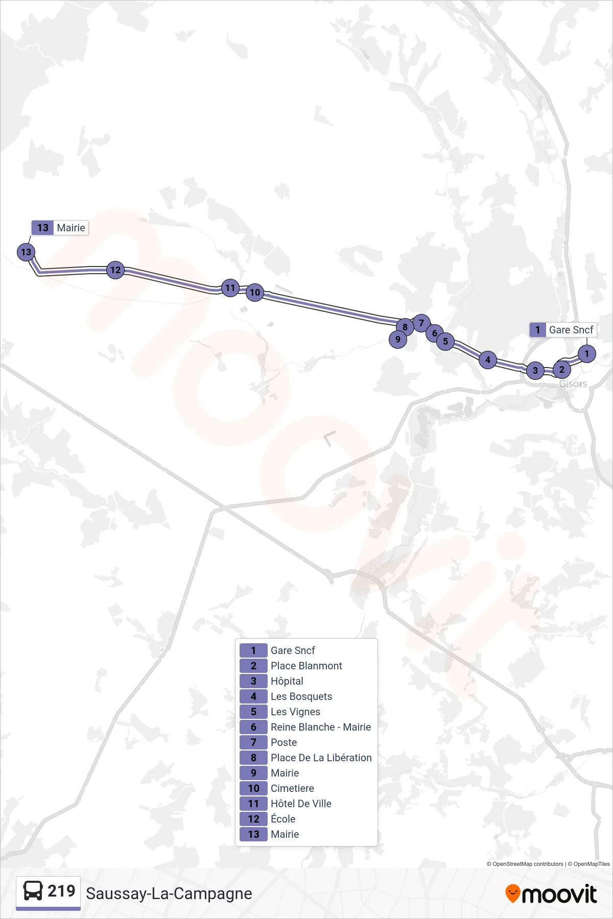 219 bus Line (Saussay-La-Campagne) route and stops on a map
