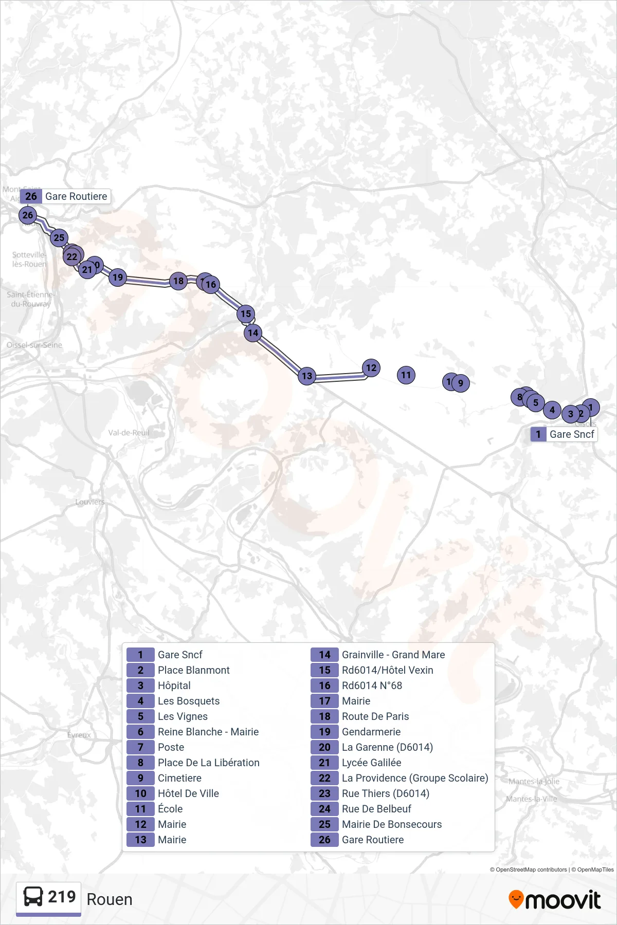 219 bus Line (Rouen) route and stops on a map