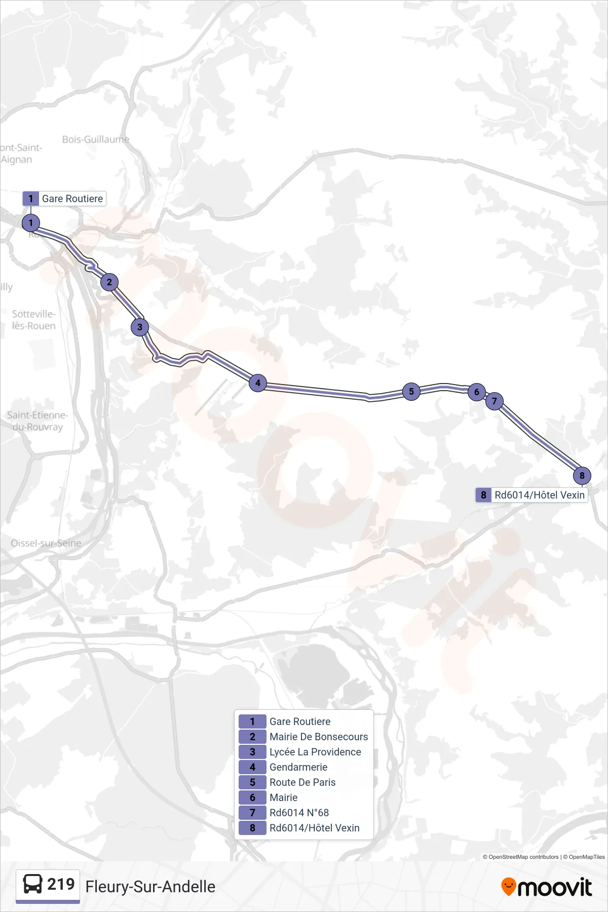 Tracé et arrêts de la ligne 219 de bus (Fleury-Sur-Andelle) sur une carte