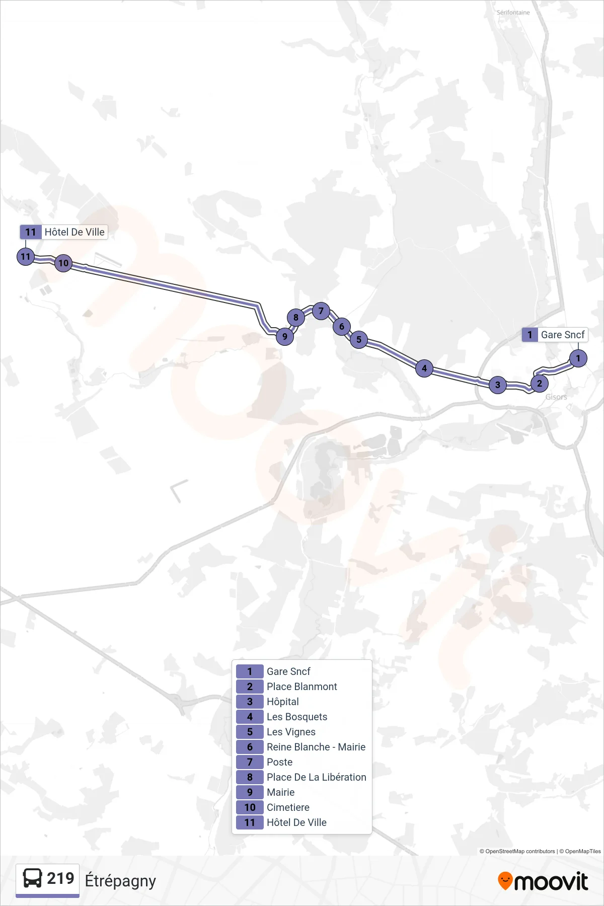 Tracé et arrêts de la ligne 219 de bus (Étrépagny) sur une carte