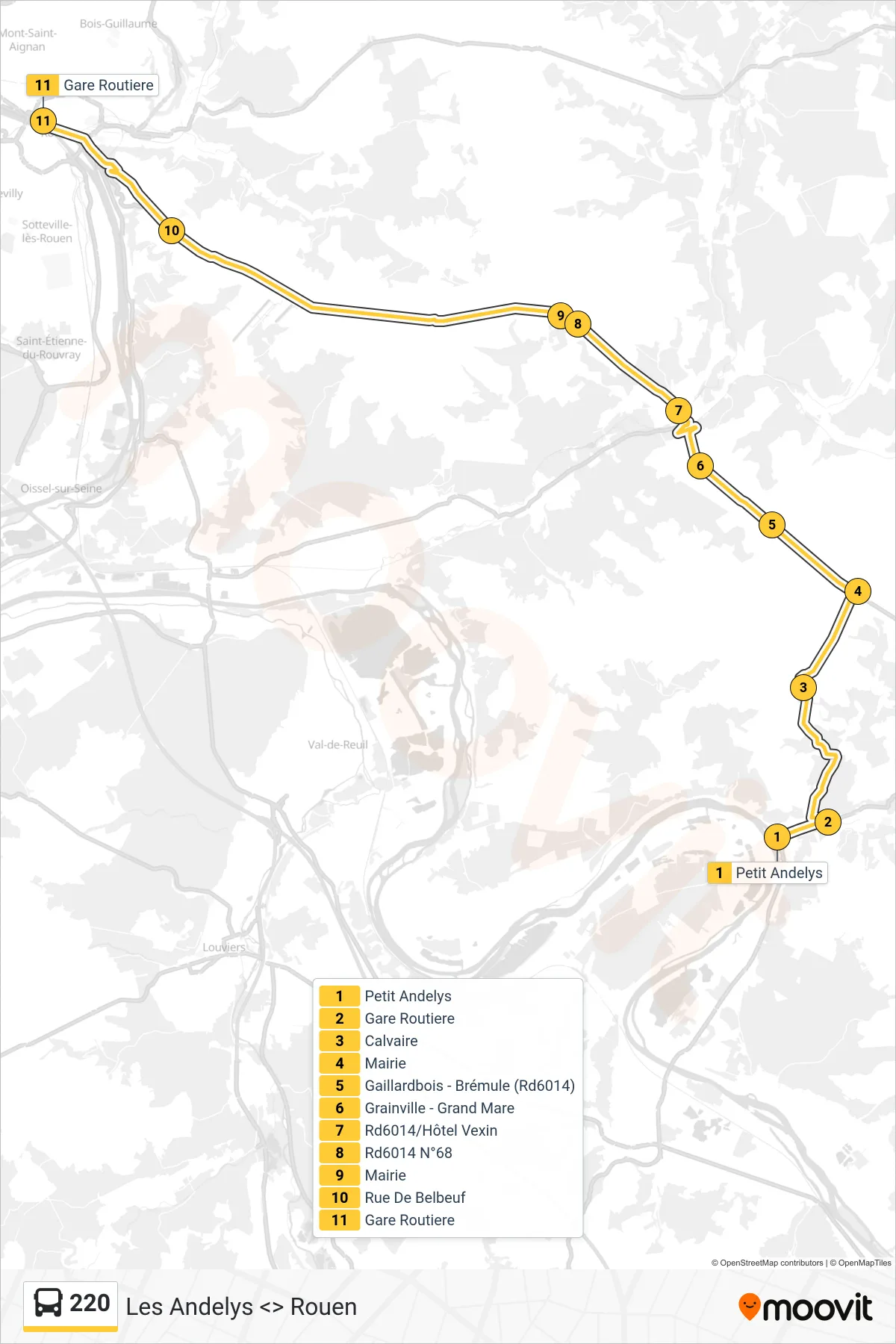 Tracé et arrêts de la ligne 220 de bus (Rouen) sur une carte