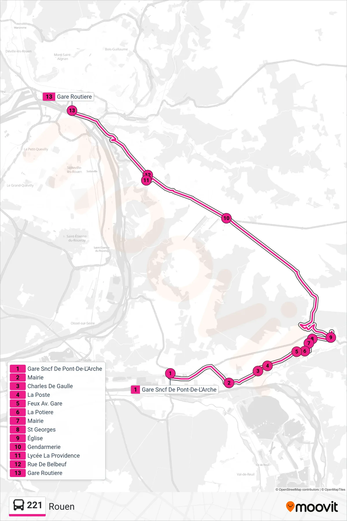 Recorrido y paradas de la línea 221 de autobús (Rouen) en el mapa