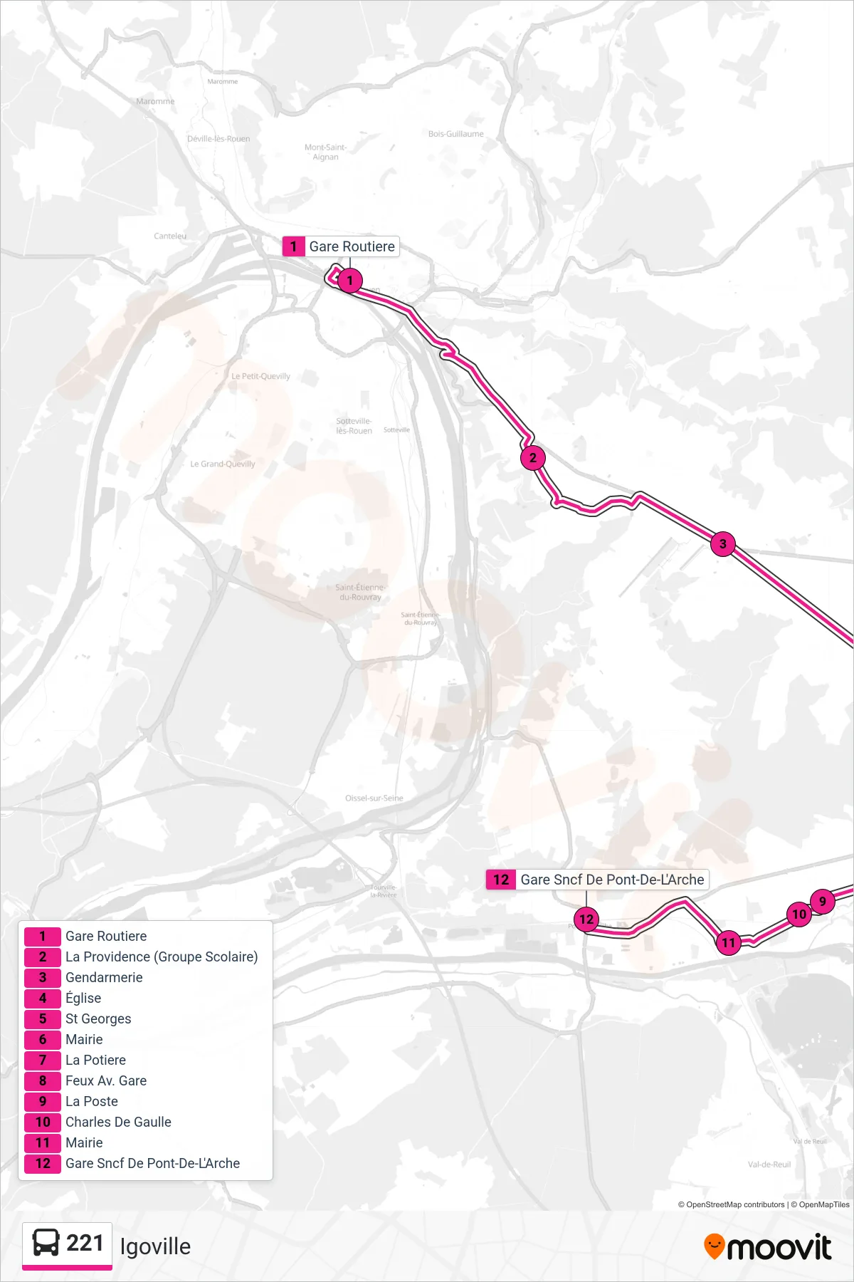 Tracé et arrêts de la ligne 221 de bus (Igoville) sur une carte