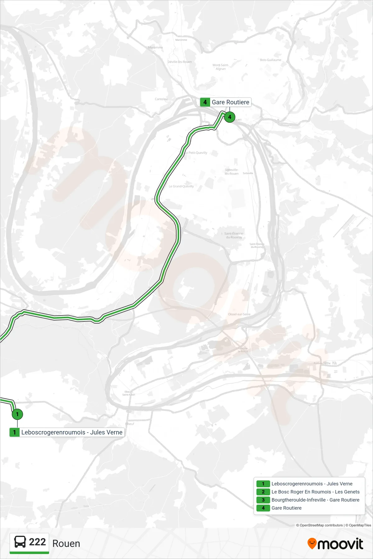 Tracé et arrêts de la ligne 222 de bus (Rouen) sur une carte