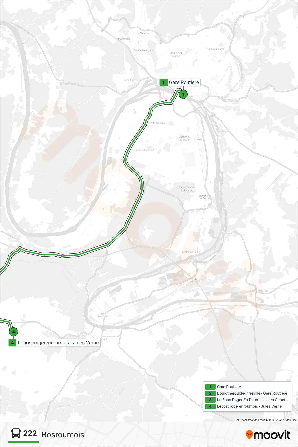 Tracé et arrêts de la ligne 222 de bus (Bosroumois) sur une carte