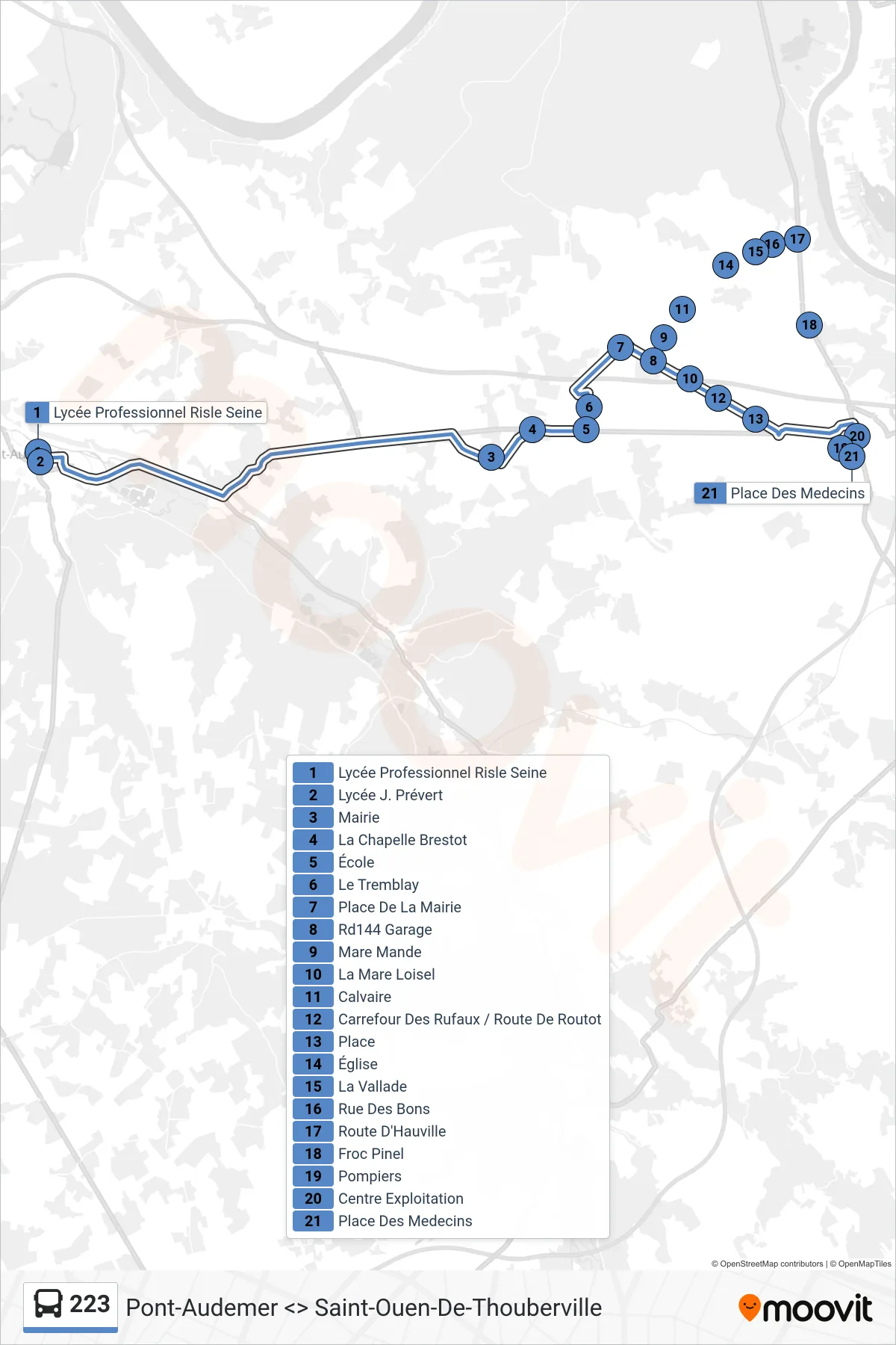 Tracé et arrêts de la ligne 223 de bus (Bourg-Achard) sur une carte