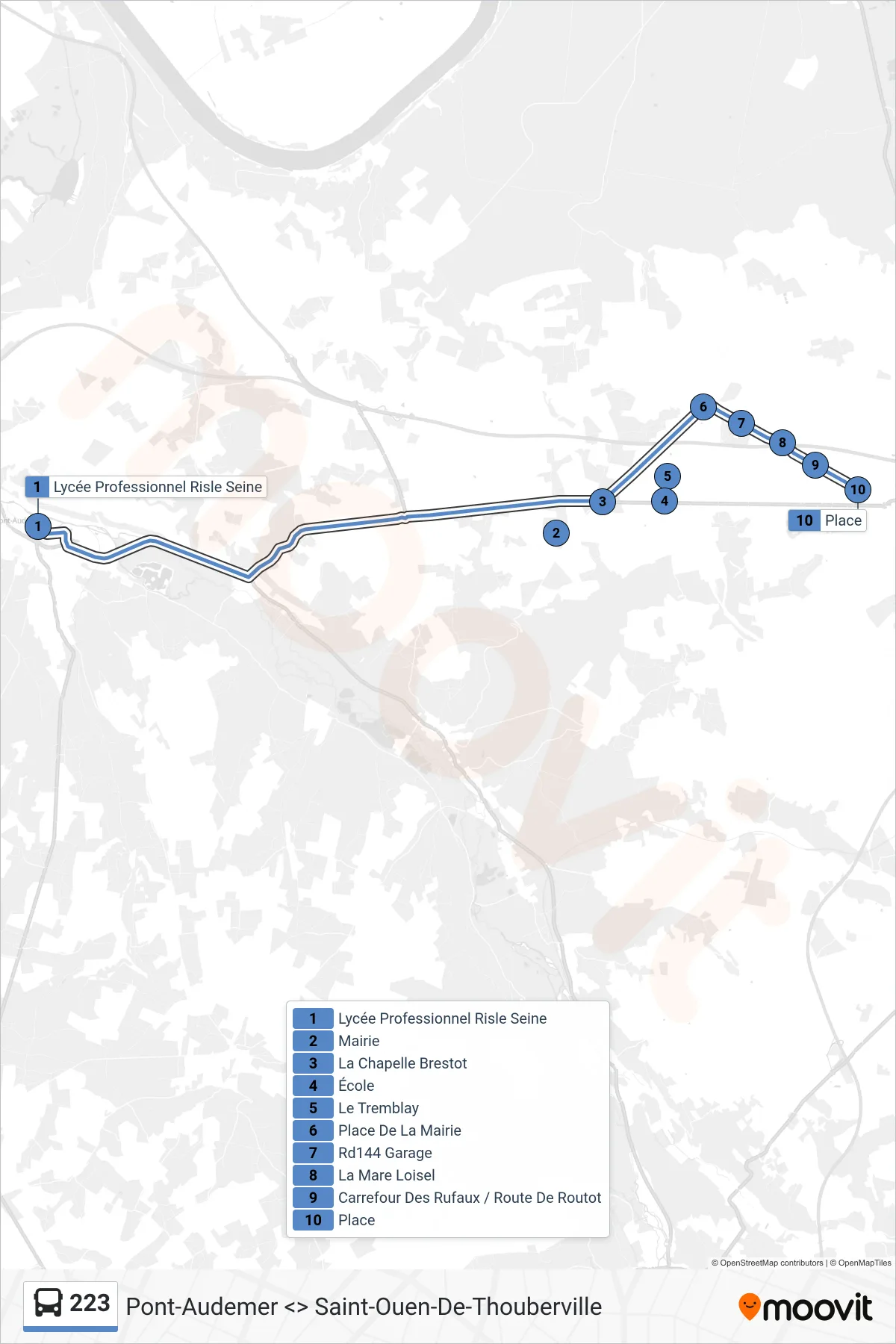 Tracé et arrêts de la ligne 223 de bus (Bouquetot) sur une carte