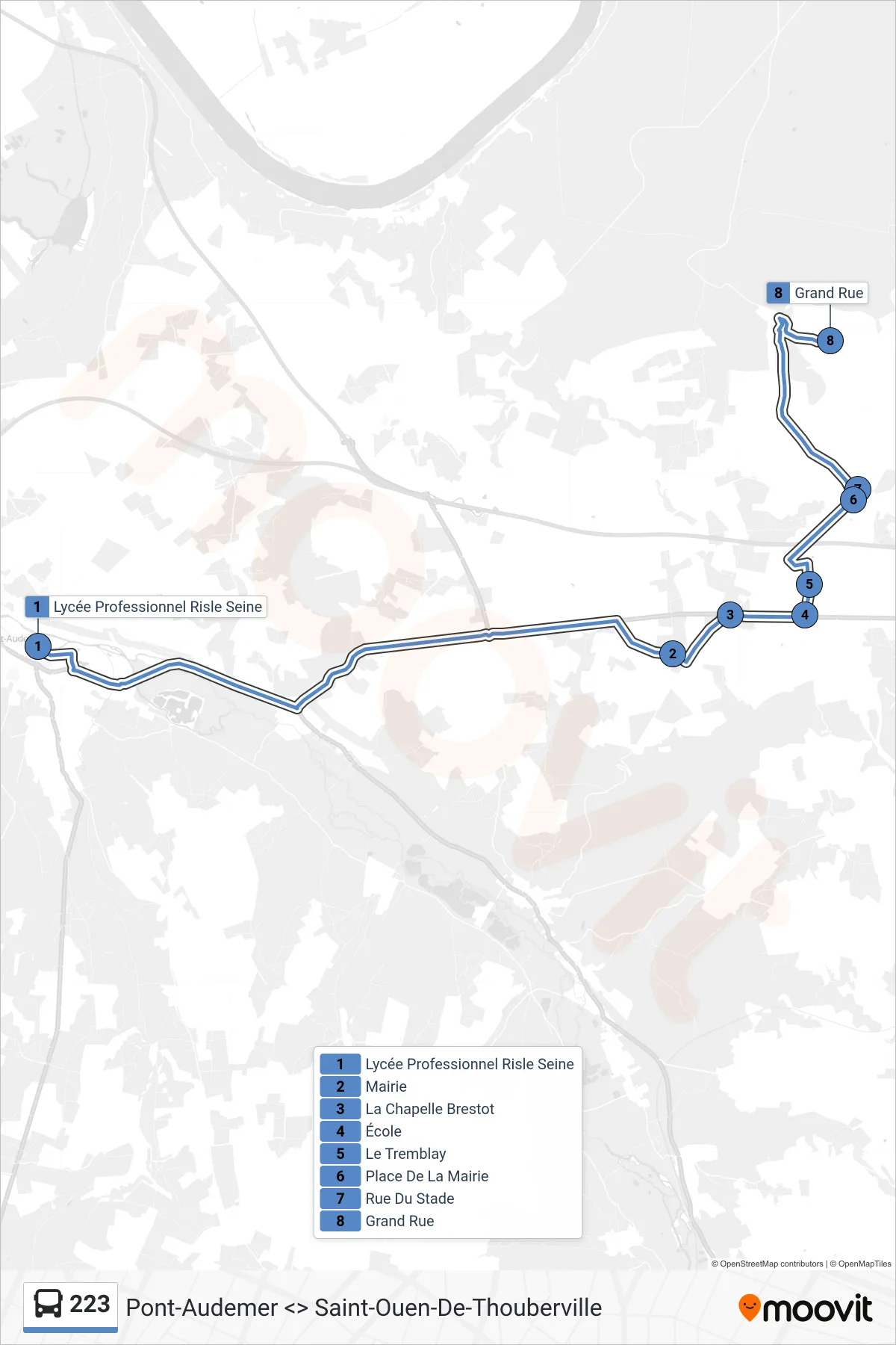 Tracé et arrêts de la ligne 223 de bus (La Haye-De-Routot) sur une carte