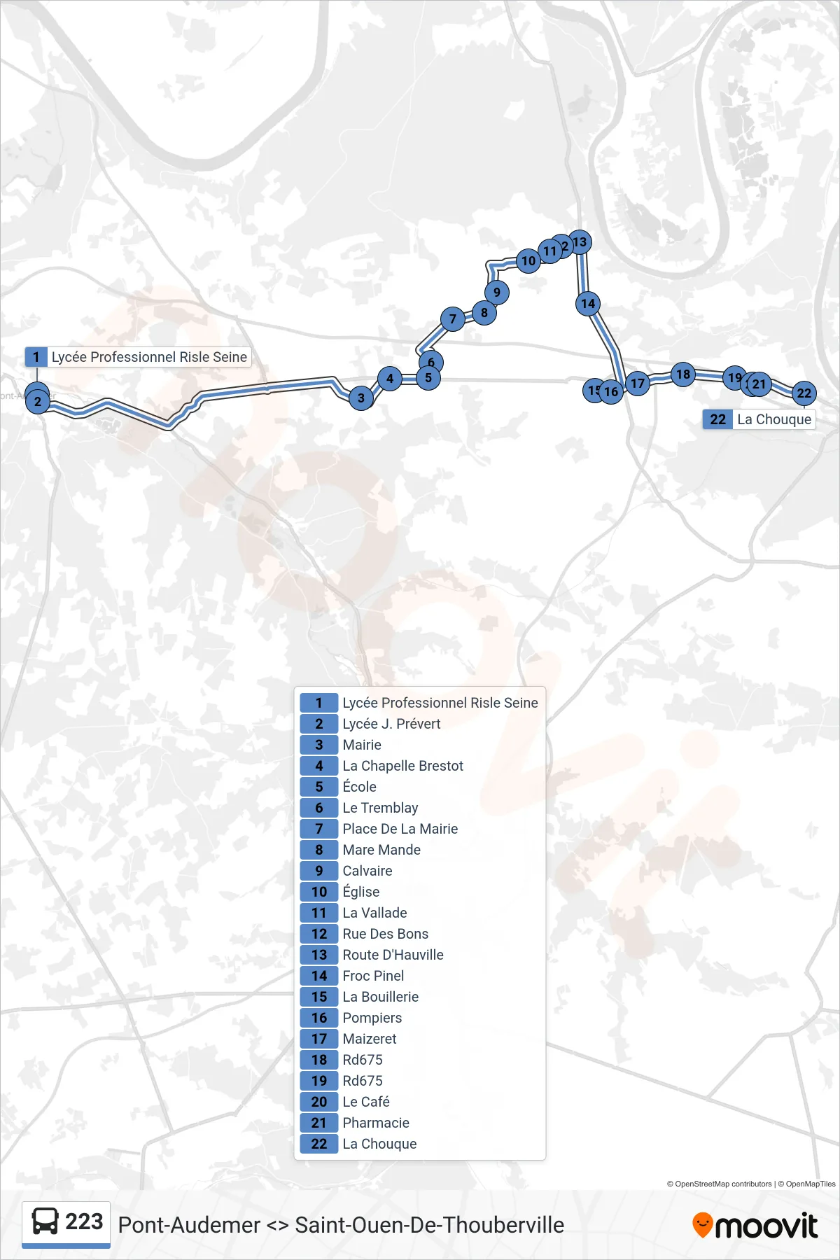 223 bus Line (Saint-Ouen-De-Thouberville) route and stops on a map