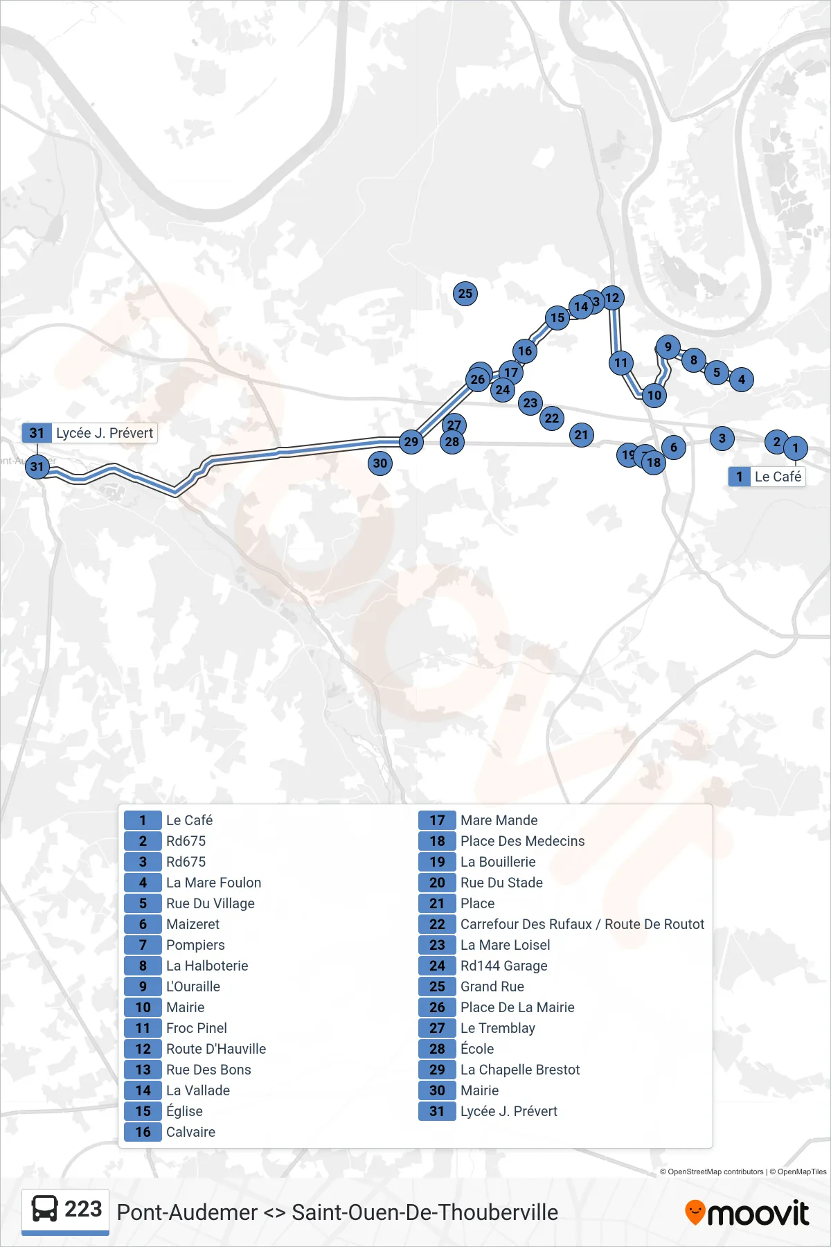 Tracé et arrêts de la ligne 223 de bus (Pont-Audemer) sur une carte