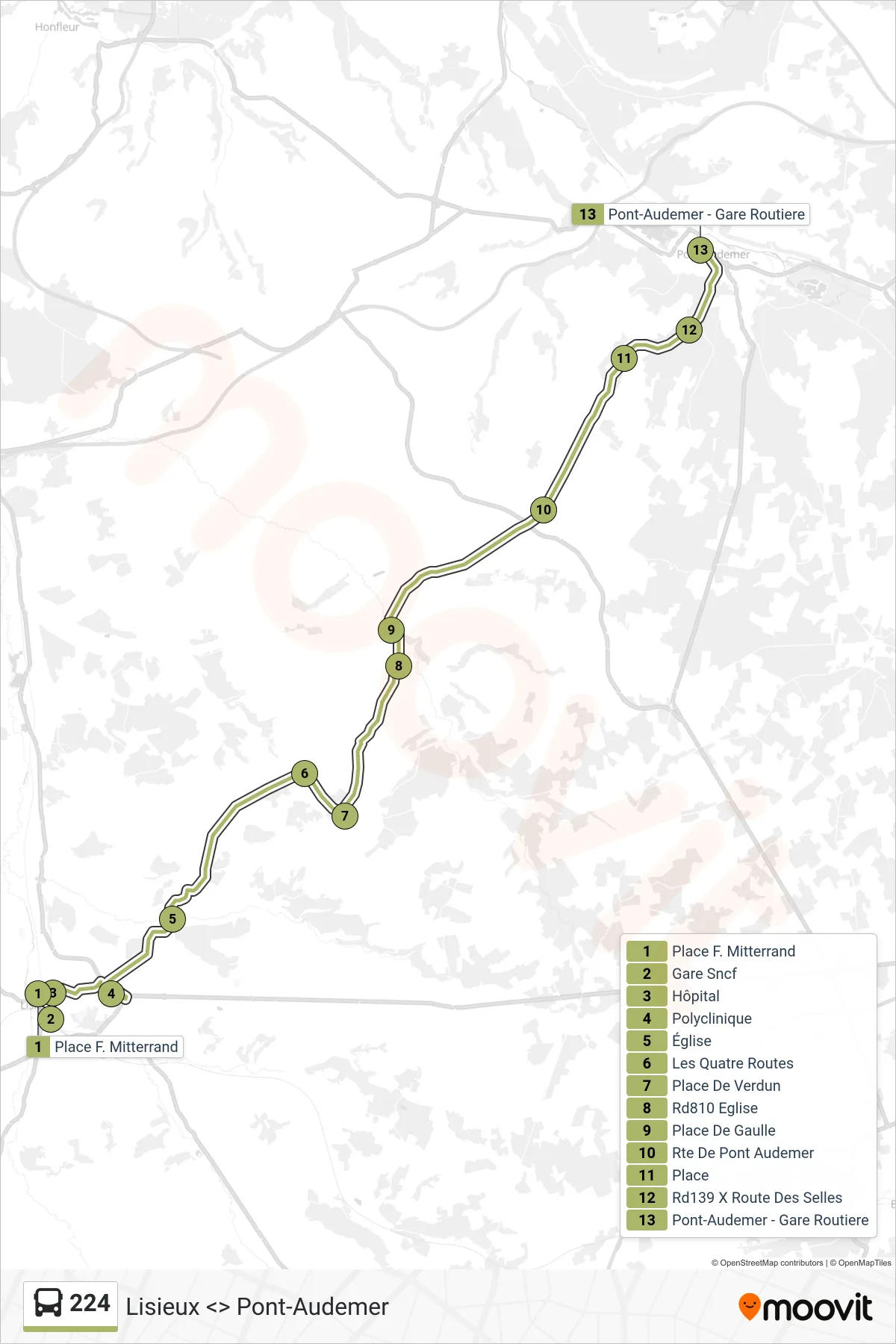 Tracé et arrêts de la ligne 224 de bus (Pont-Audemer) sur une carte