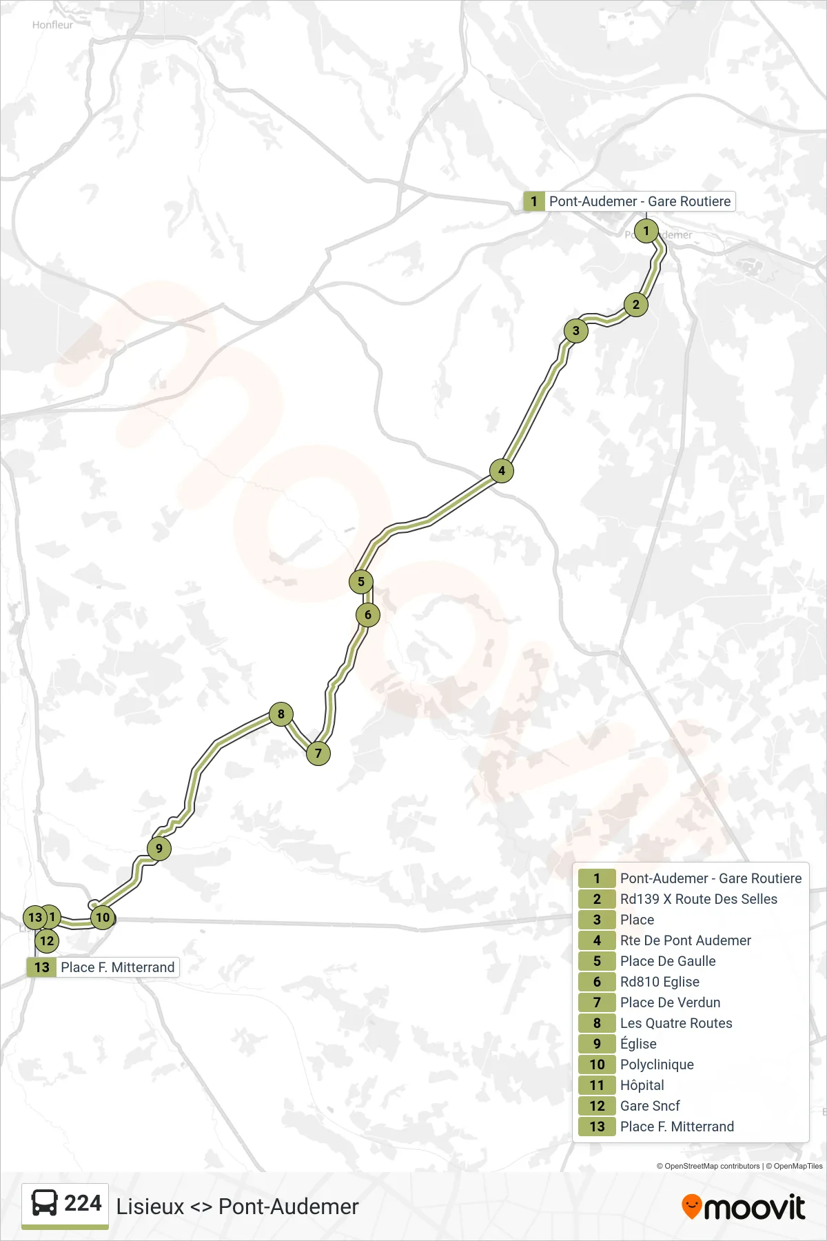 Tracé et arrêts de la ligne 224 de bus (Lisieux) sur une carte