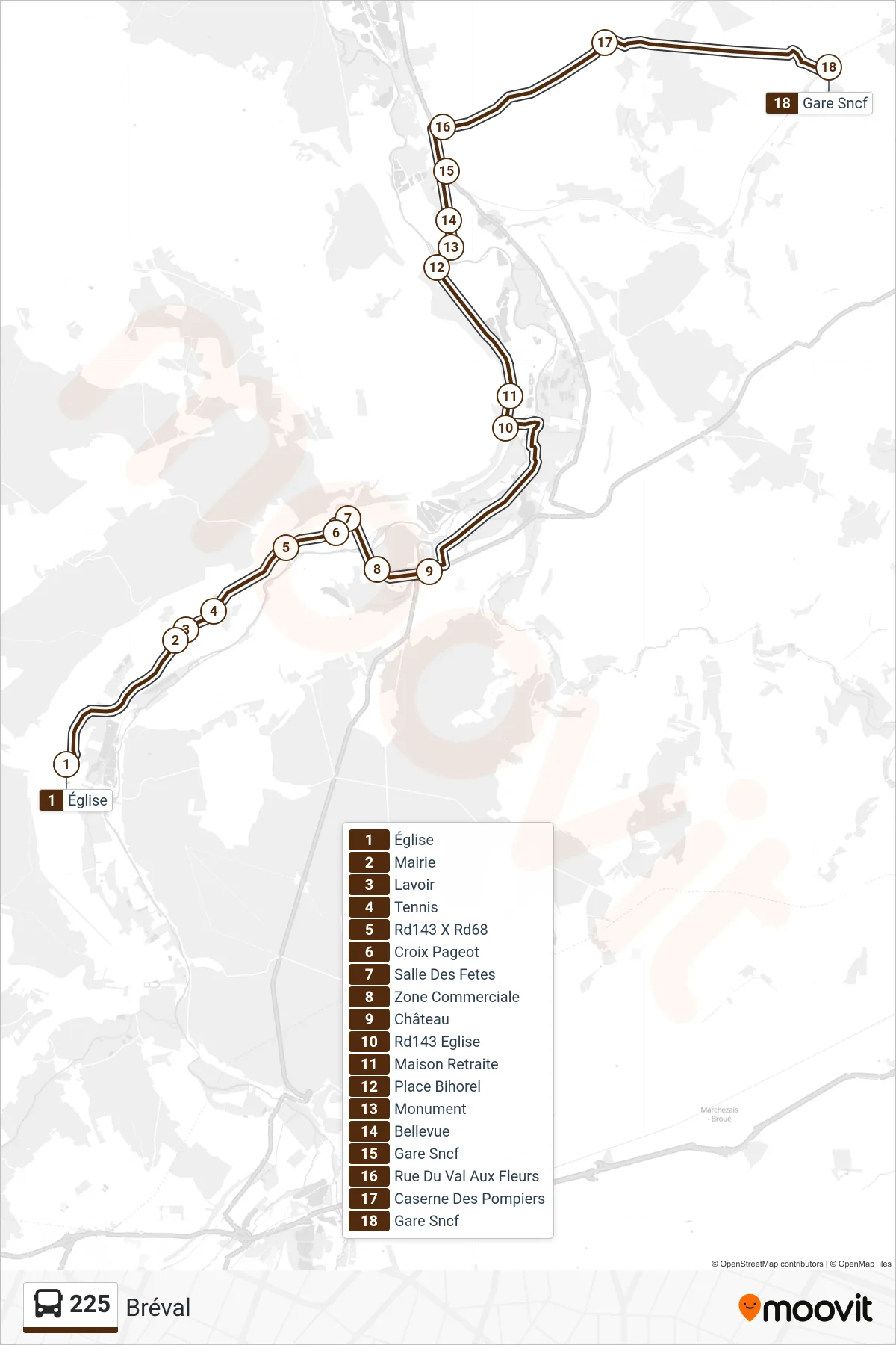Tracé et arrêts de la ligne 225 de bus (Bréval) sur une carte