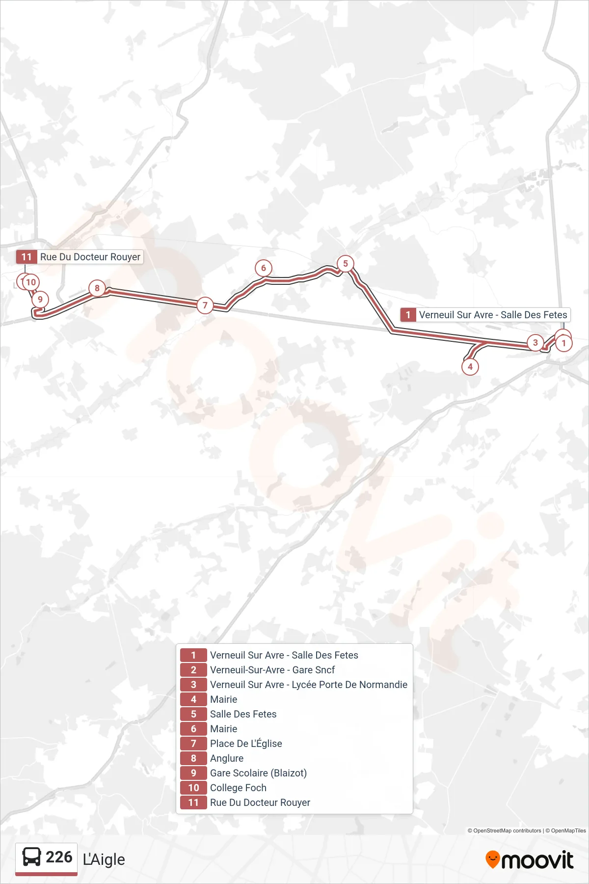 Tracé et arrêts de la ligne 226 de bus (L'Aigle) sur une carte