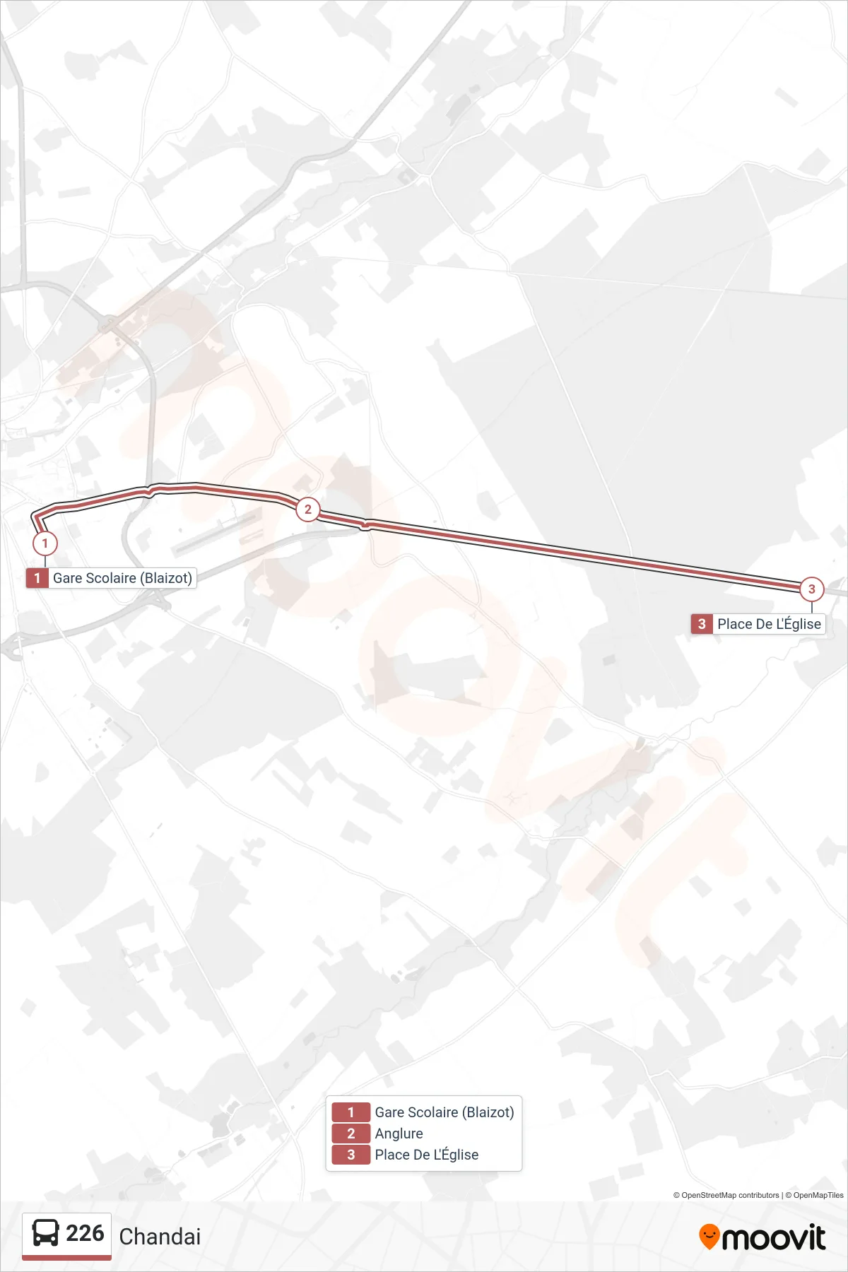 Tracé et arrêts de la ligne 226 de bus (Chandai) sur une carte
