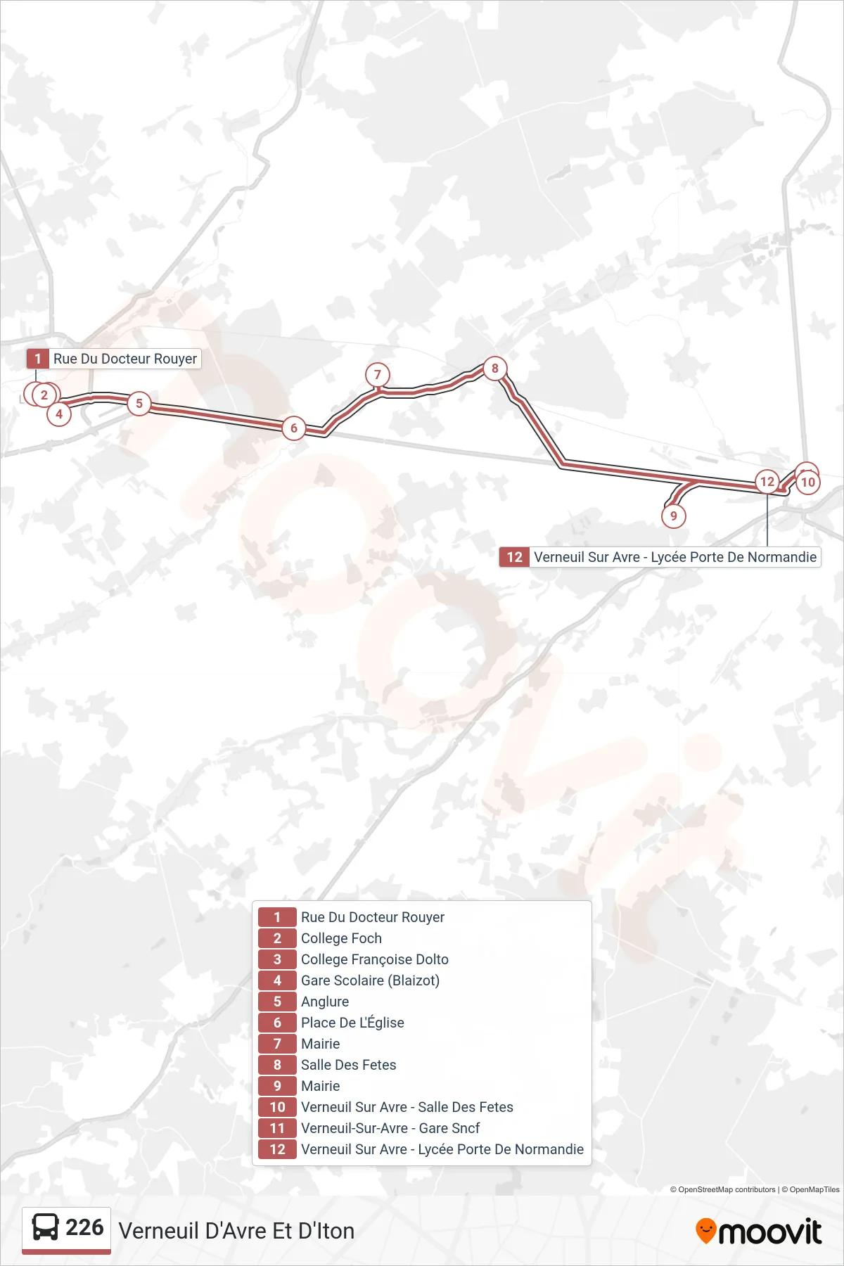 Tracé et arrêts de la ligne 226 de bus (Verneuil D'Avre Et D'Iton) sur une carte