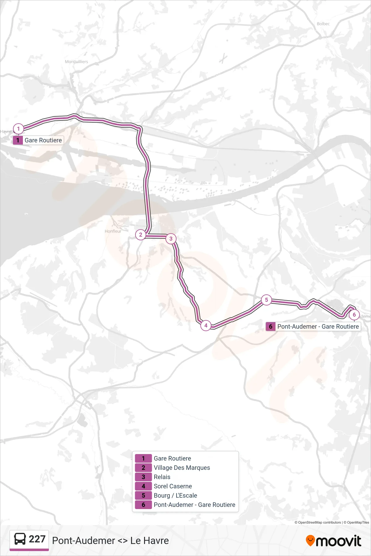 Tracé et arrêts de la ligne 227 de bus (Pont-Audemer) sur une carte