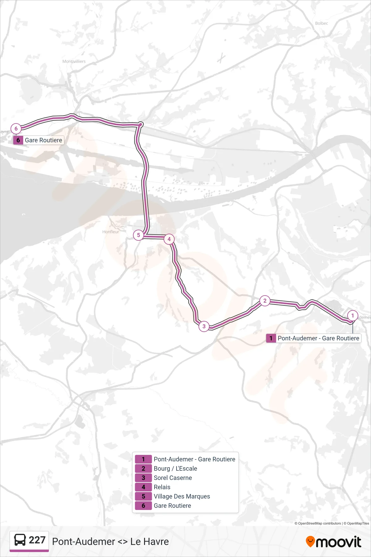 227 bus Line (Le Havre) route and stops on a map