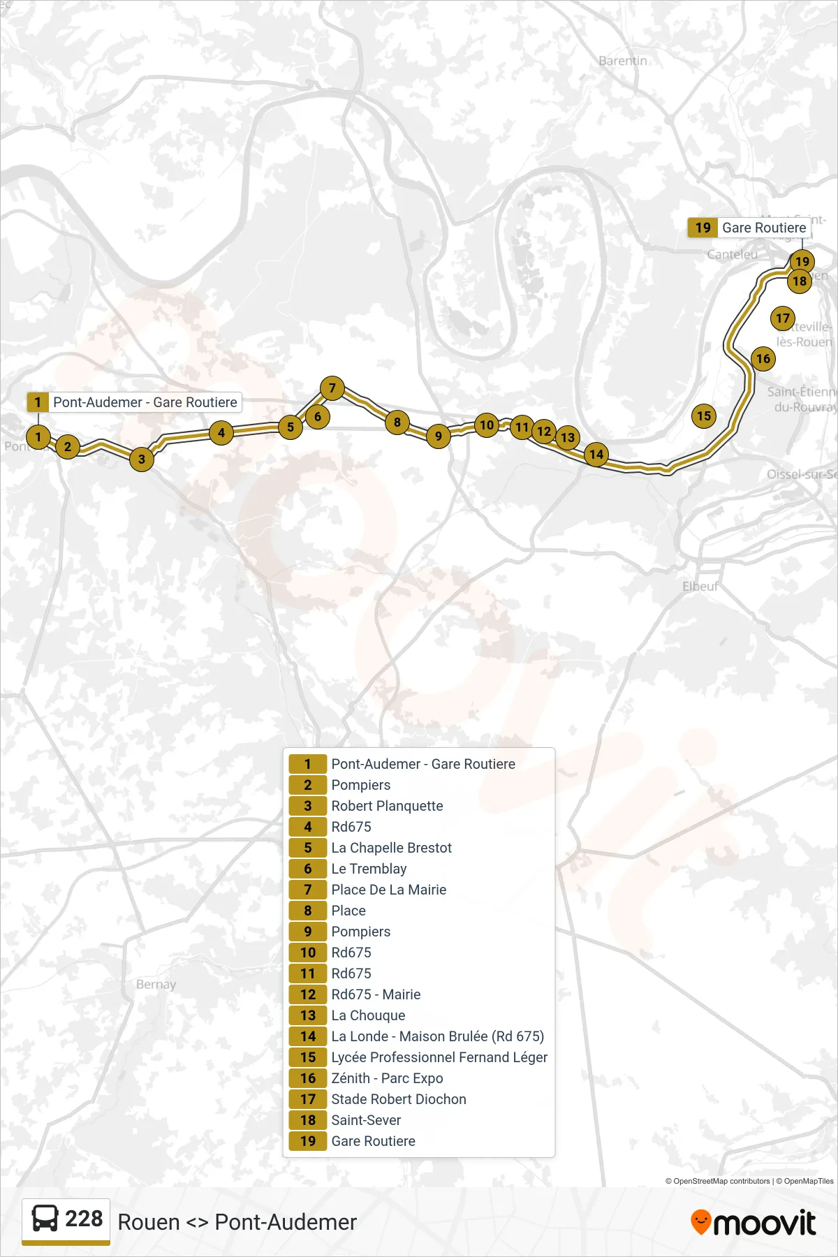 Tracé et arrêts de la ligne 228 de bus (Rouen) sur une carte