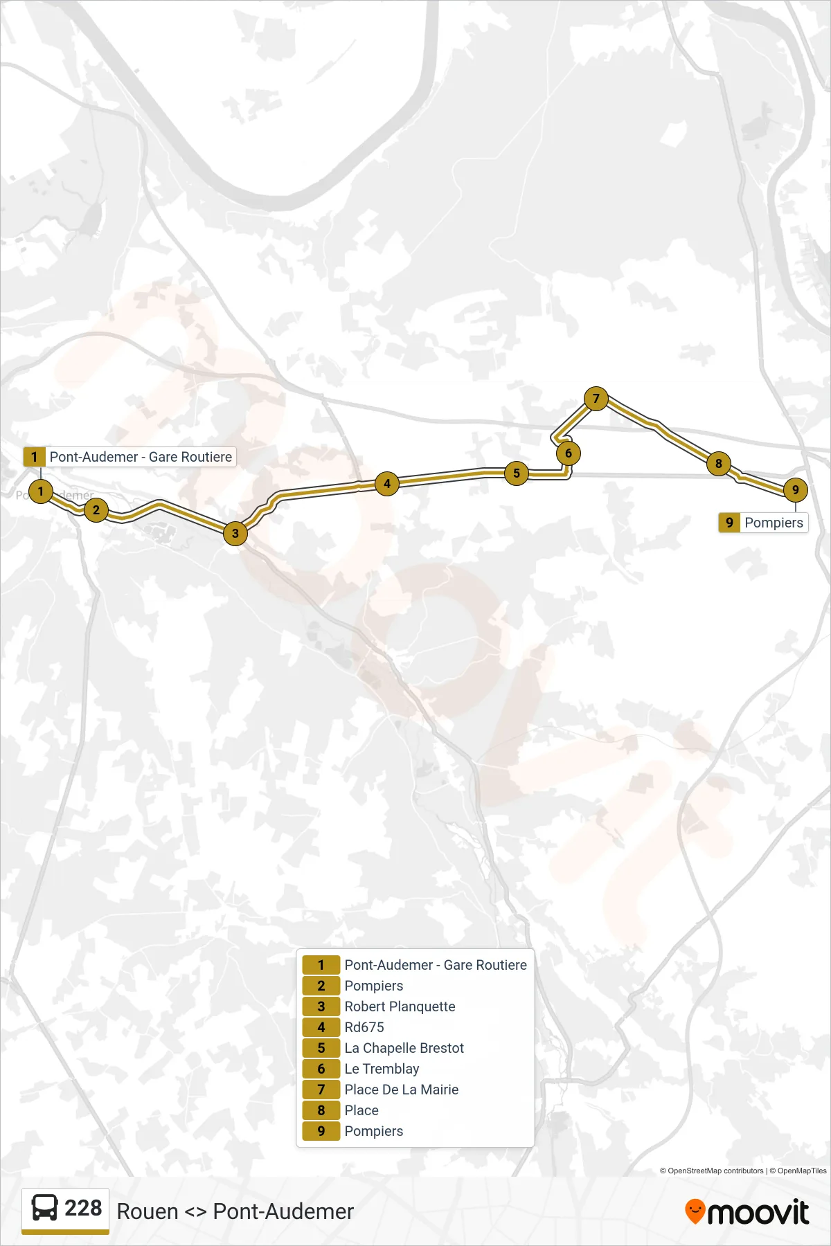 Tracé et arrêts de la ligne 228 de bus (Bourg-Achard) sur une carte