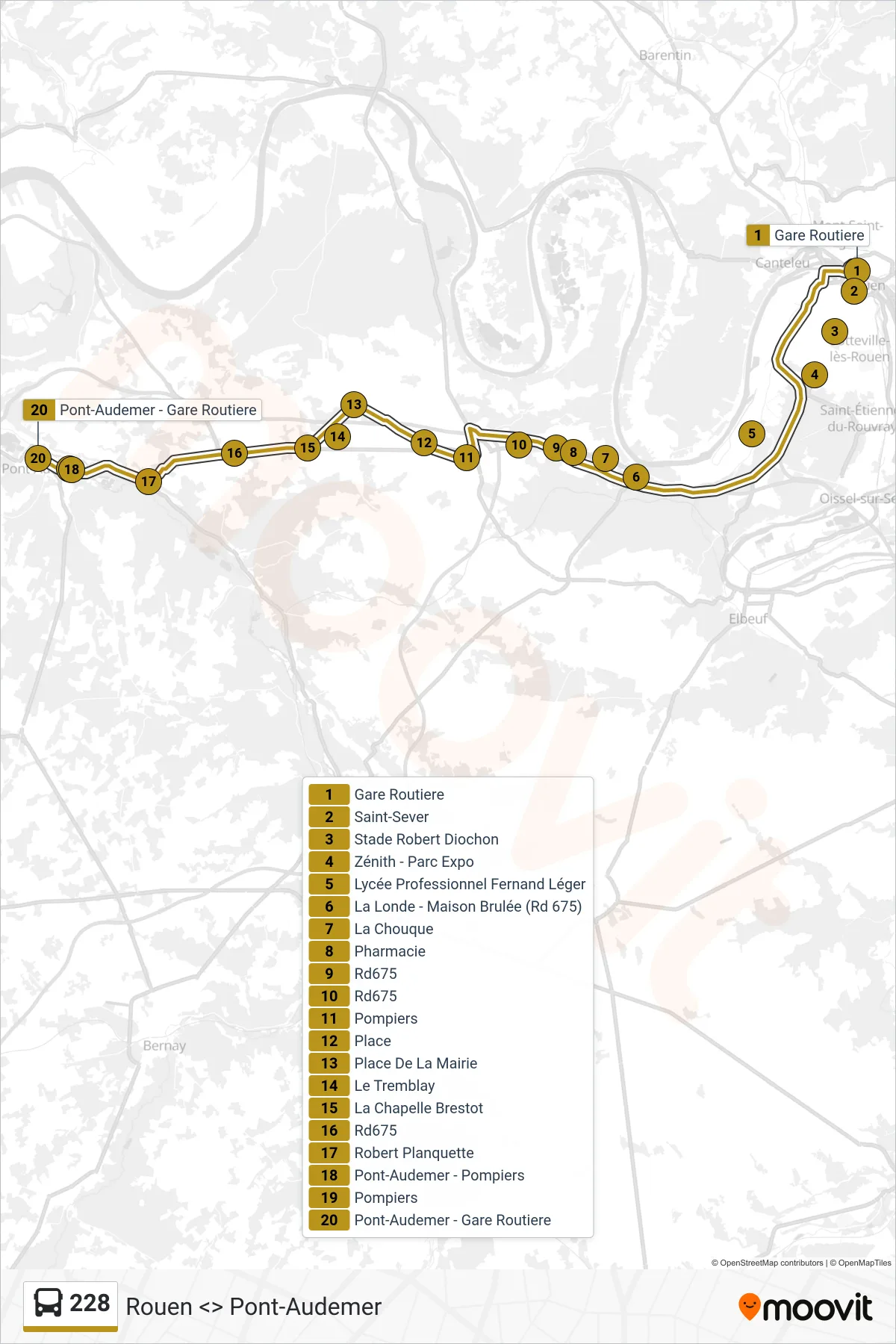 Tracé et arrêts de la ligne 228 de bus (Pont-Audemer) sur une carte