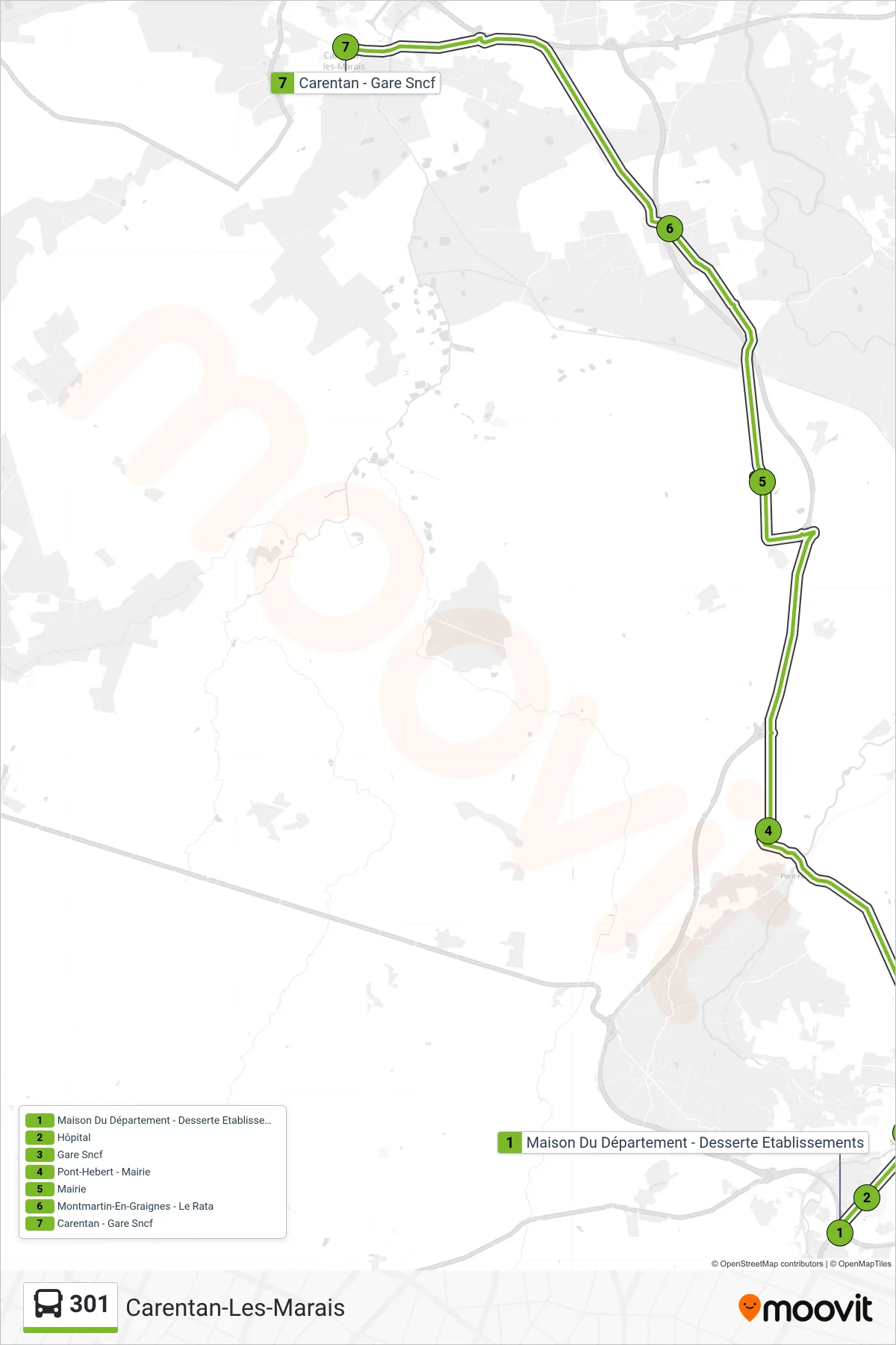 Tracé et arrêts de la ligne 301 de bus (Carentan-Les-Marais) sur une carte
