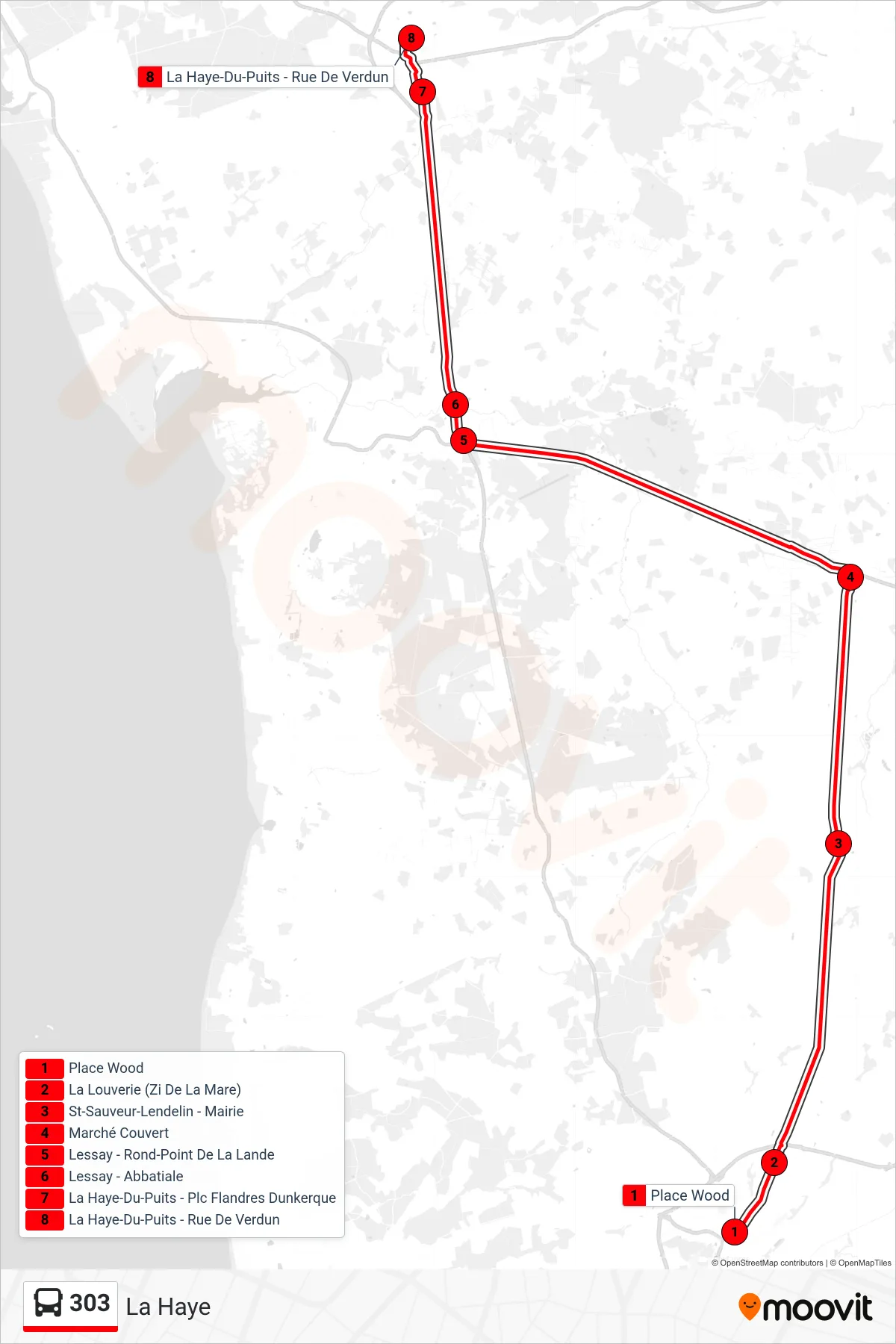 Recorrido y paradas de la línea 303 de autobús (La Haye) en el mapa