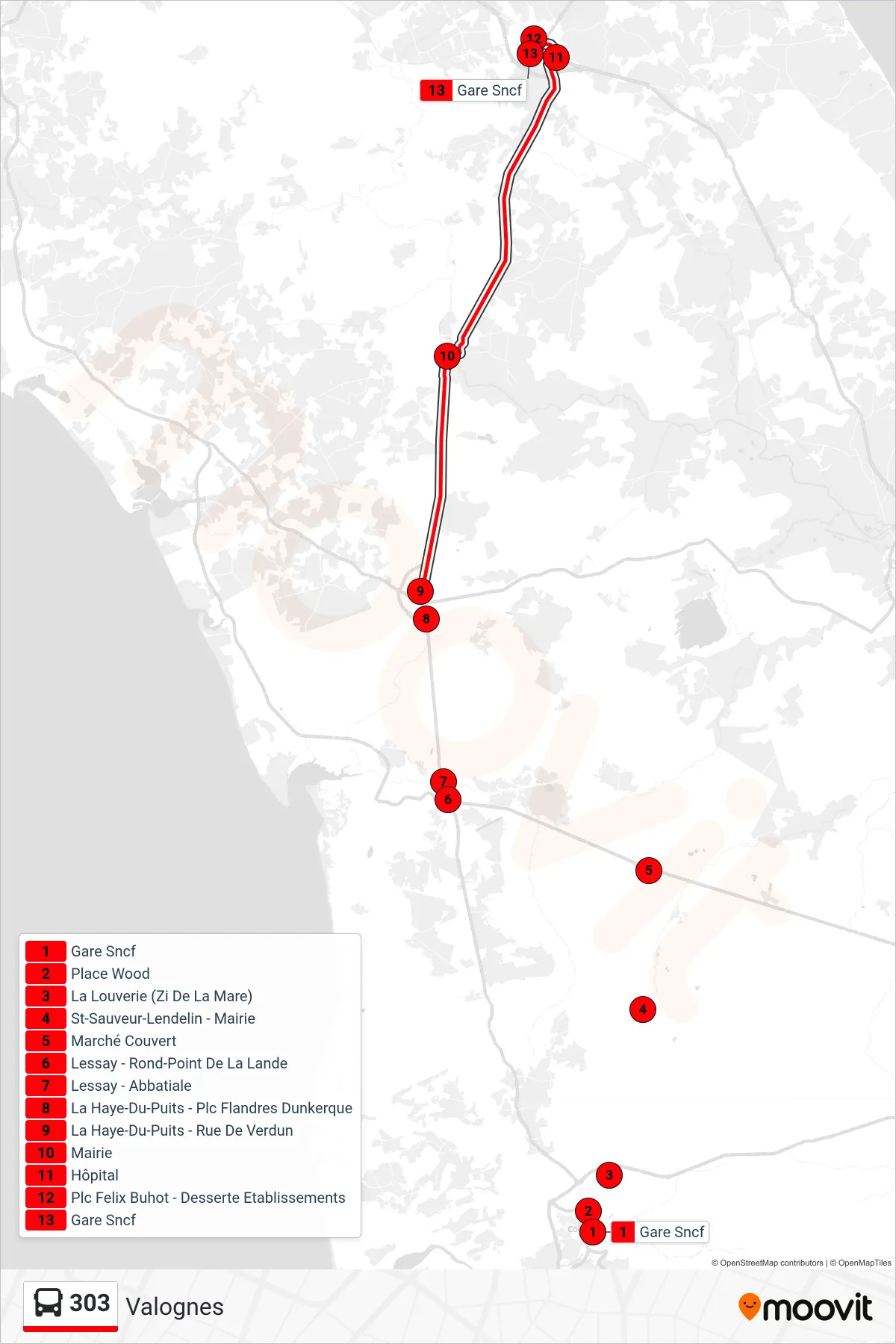 Tracé et arrêts de la ligne 303 de bus (Valognes) sur une carte