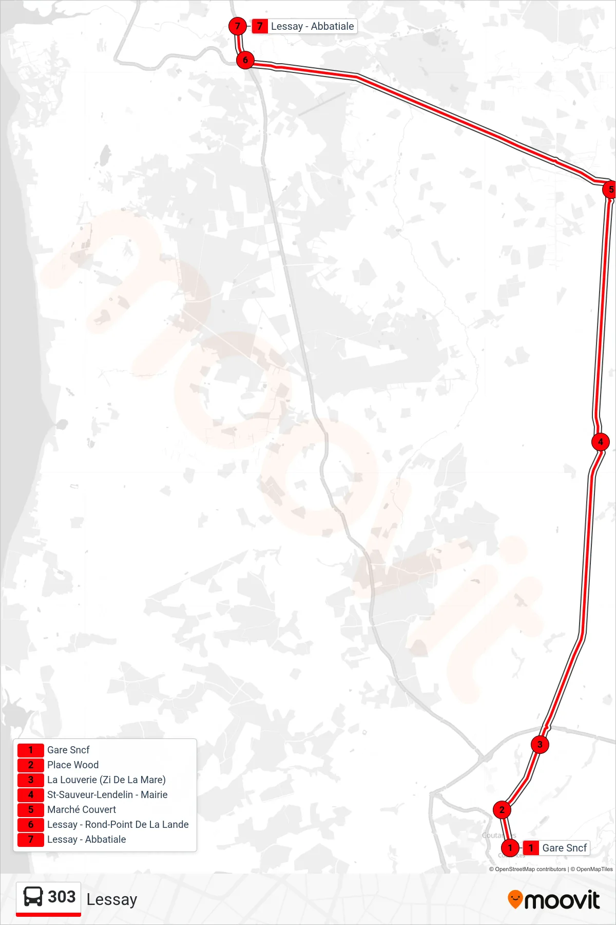 Tracé et arrêts de la ligne 303 de bus (Lessay) sur une carte