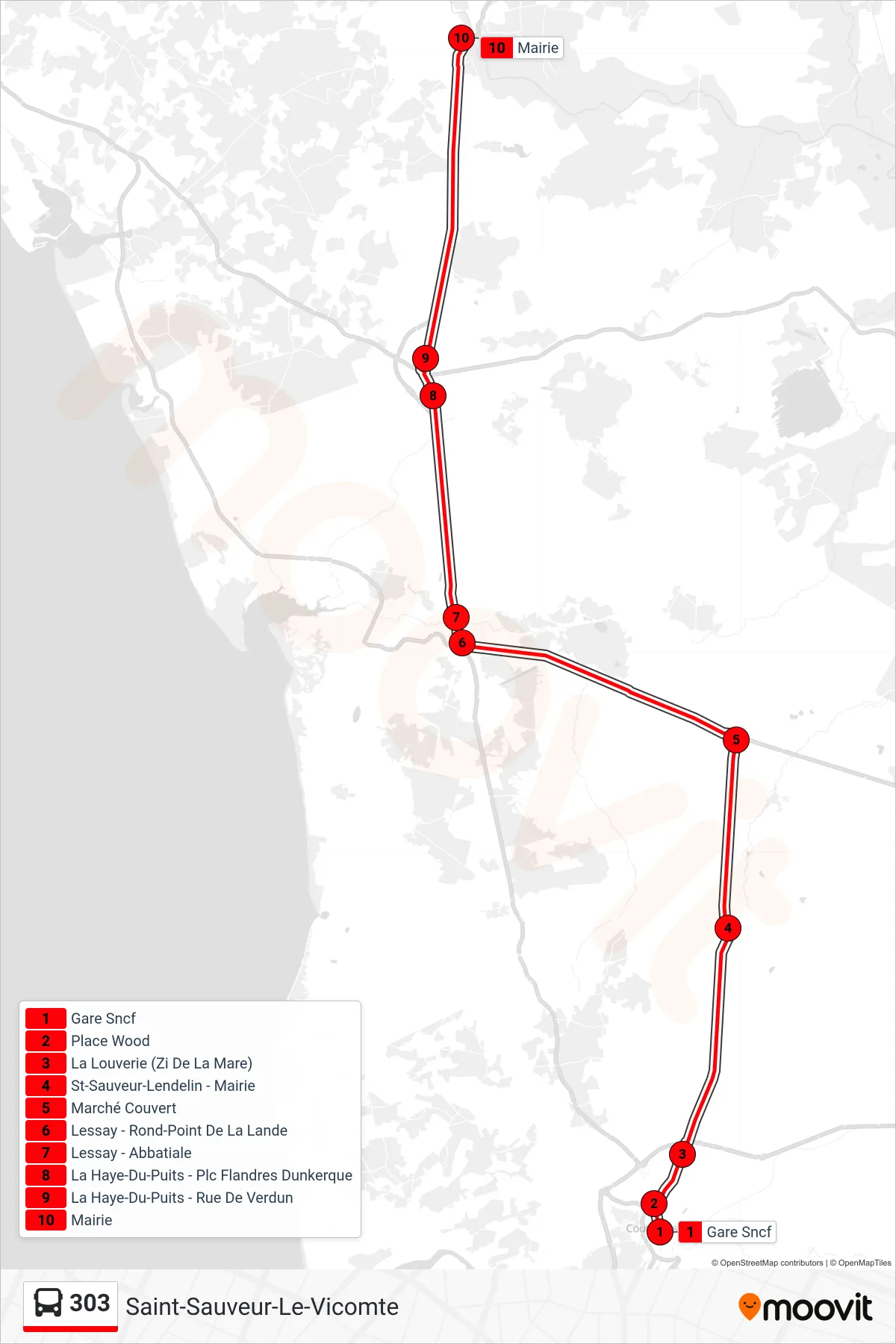 Recorrido y paradas de la línea 303 de autobús (Saint-Sauveur-Le-Vicomte) en el mapa