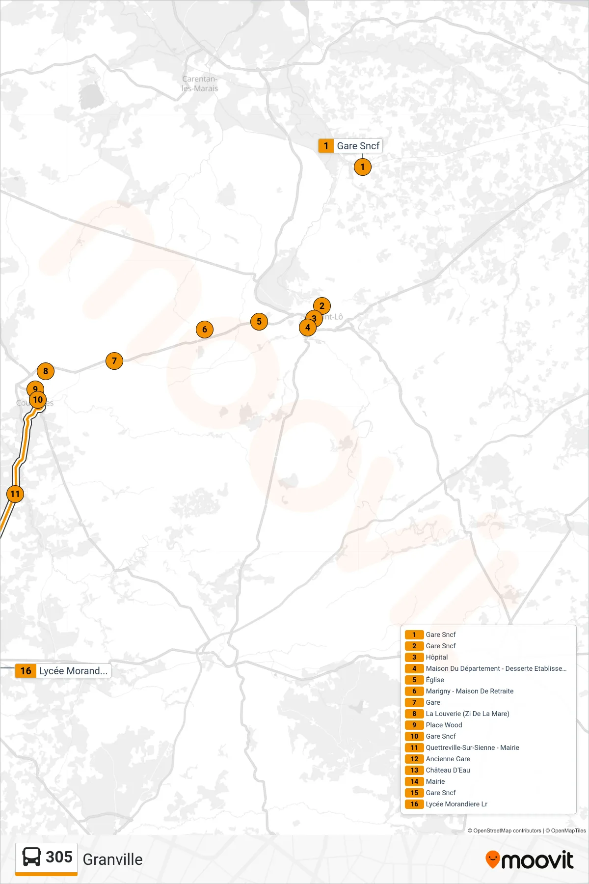 Recorrido y paradas de la línea 305 de autobús (Granville) en el mapa