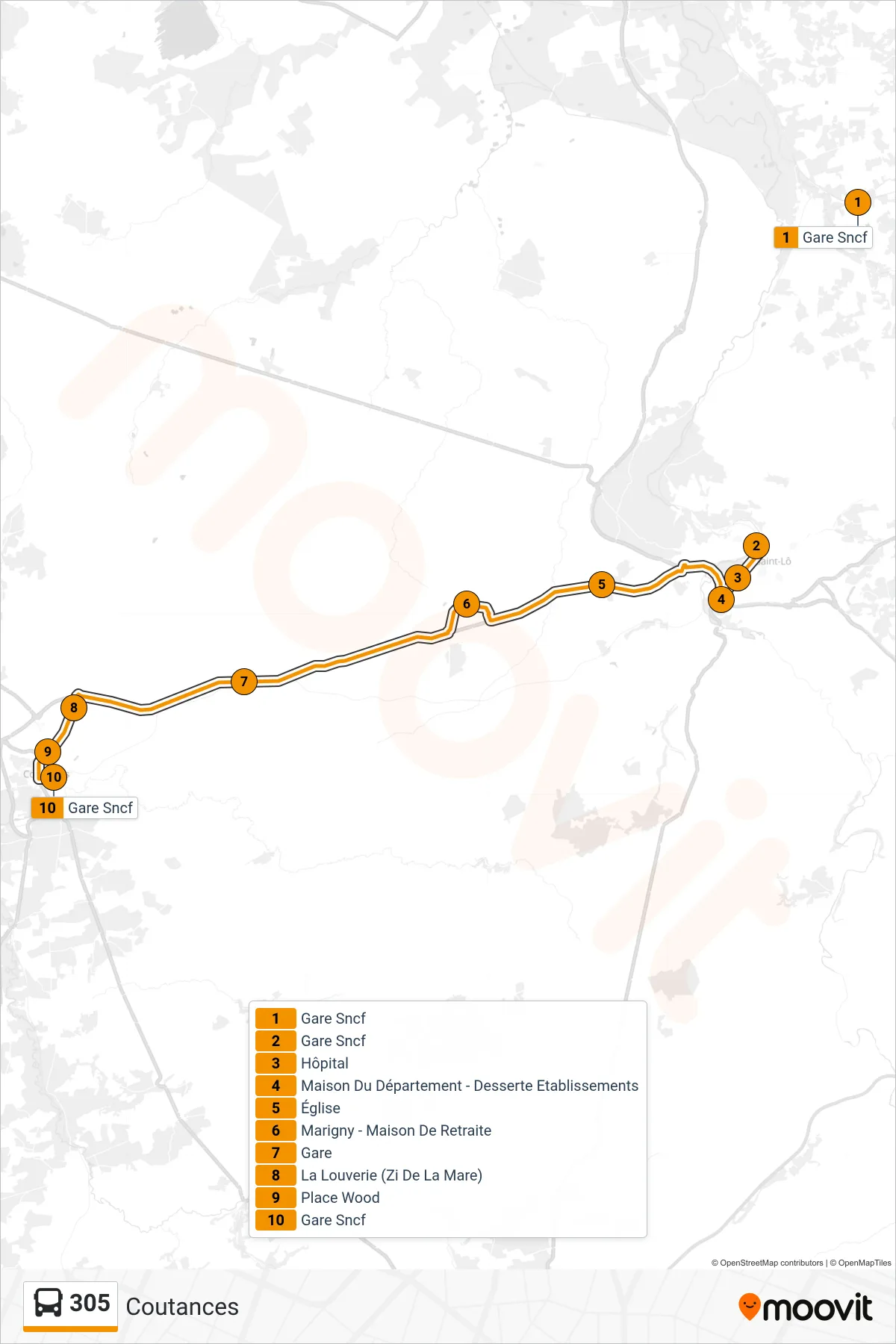 Tracé et arrêts de la ligne 305 de bus (Coutances) sur une carte