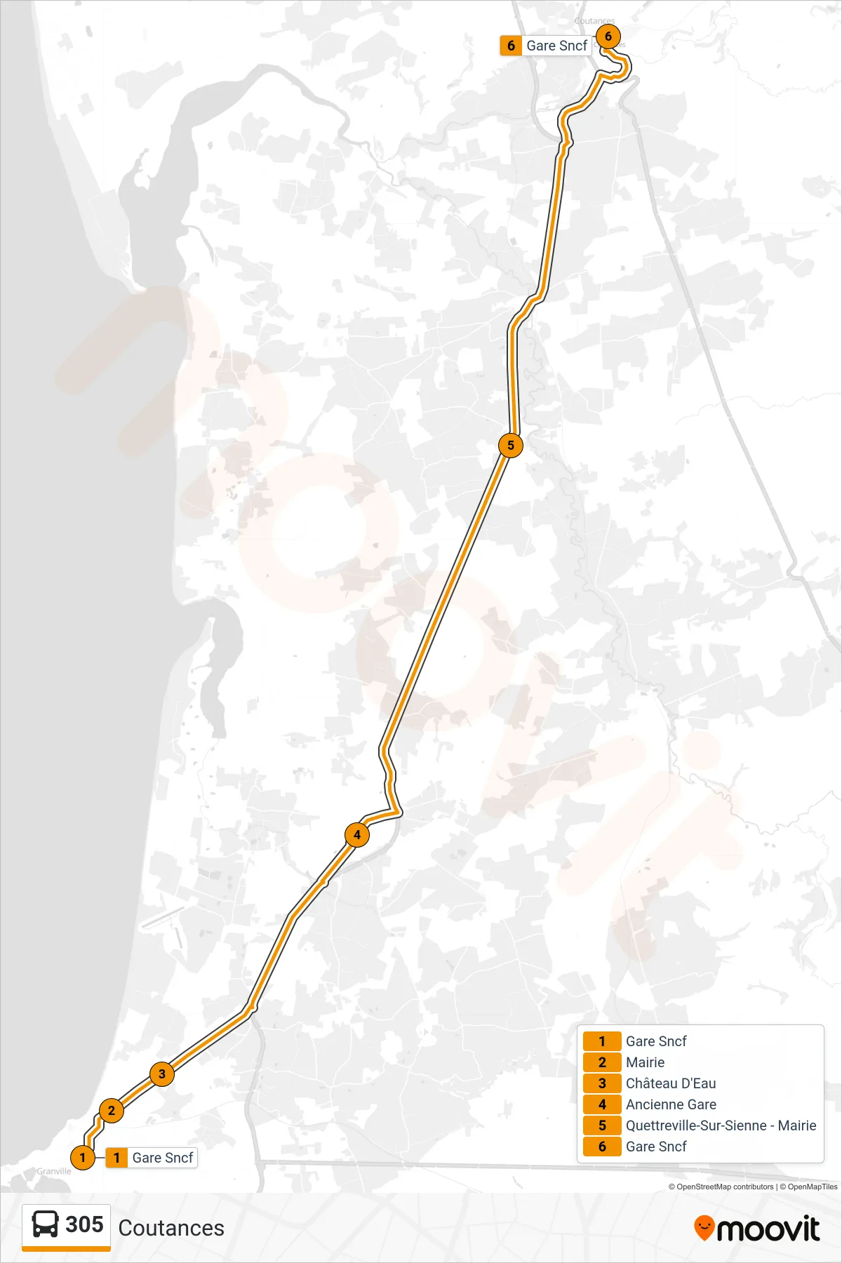 Recorrido y paradas de la línea 305 de autobús (Coutances) en el mapa