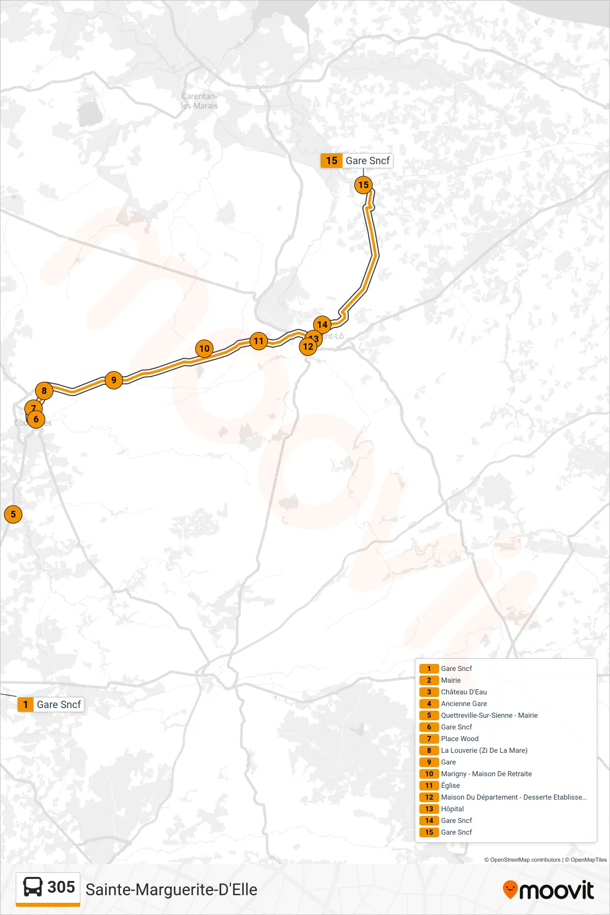 Tracé et arrêts de la ligne 305 de bus (Sainte-Marguerite-D'Elle) sur une carte