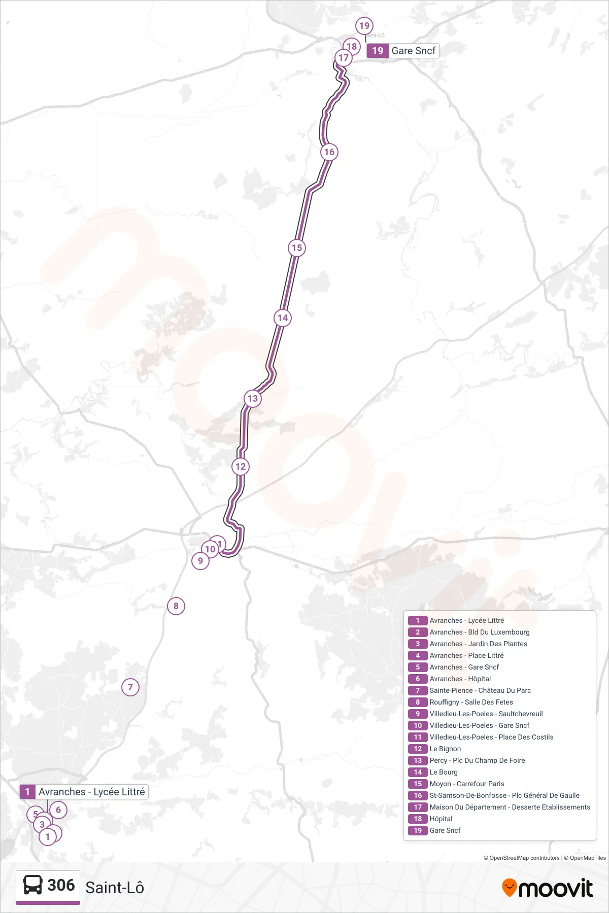 Recorrido y paradas de la línea 306 de autobús (Saint-Lô) en el mapa