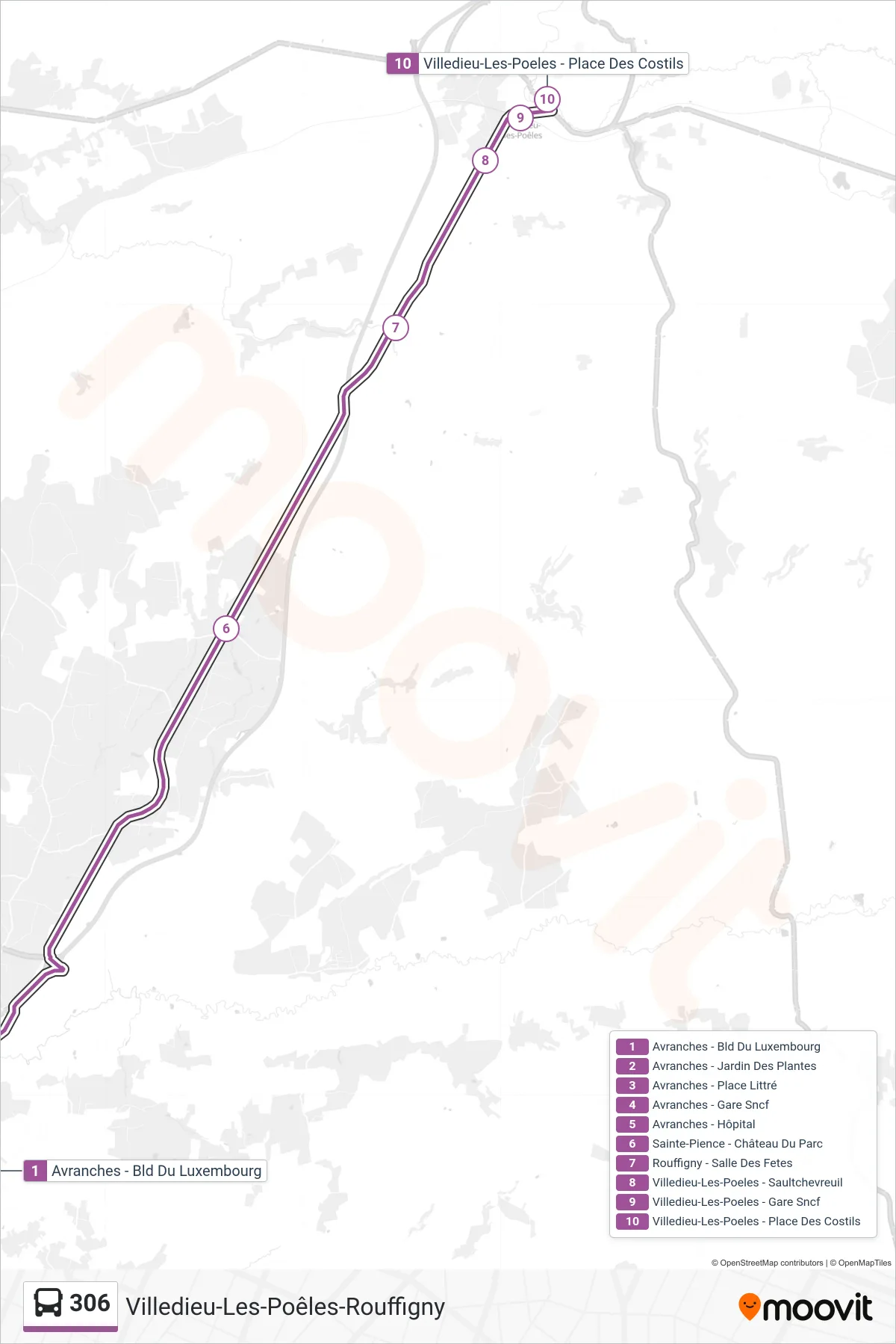 Recorrido y paradas de la línea 306 de autobús (Villedieu-Les-Poêles-Rouffigny) en el mapa