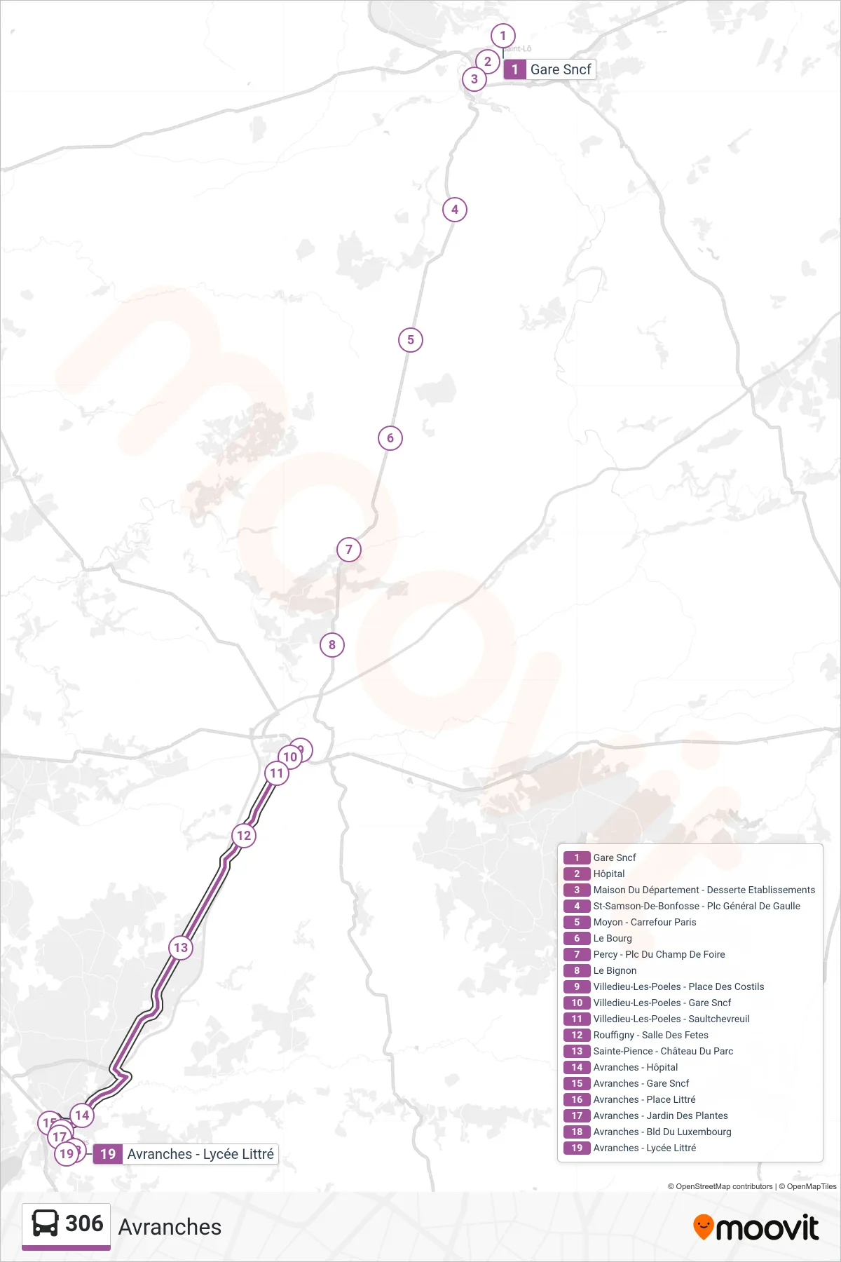Tracé et arrêts de la ligne 306 de bus (Avranches) sur une carte