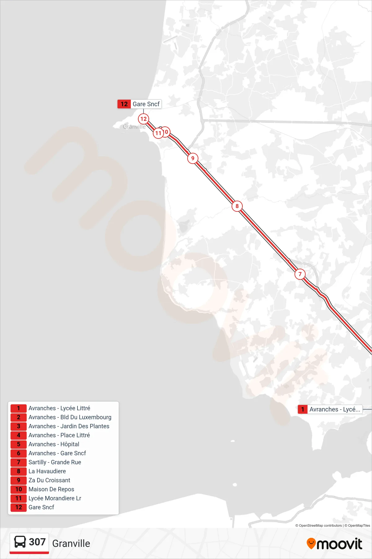 Recorrido y paradas de la línea 307 de autobús (Granville) en el mapa