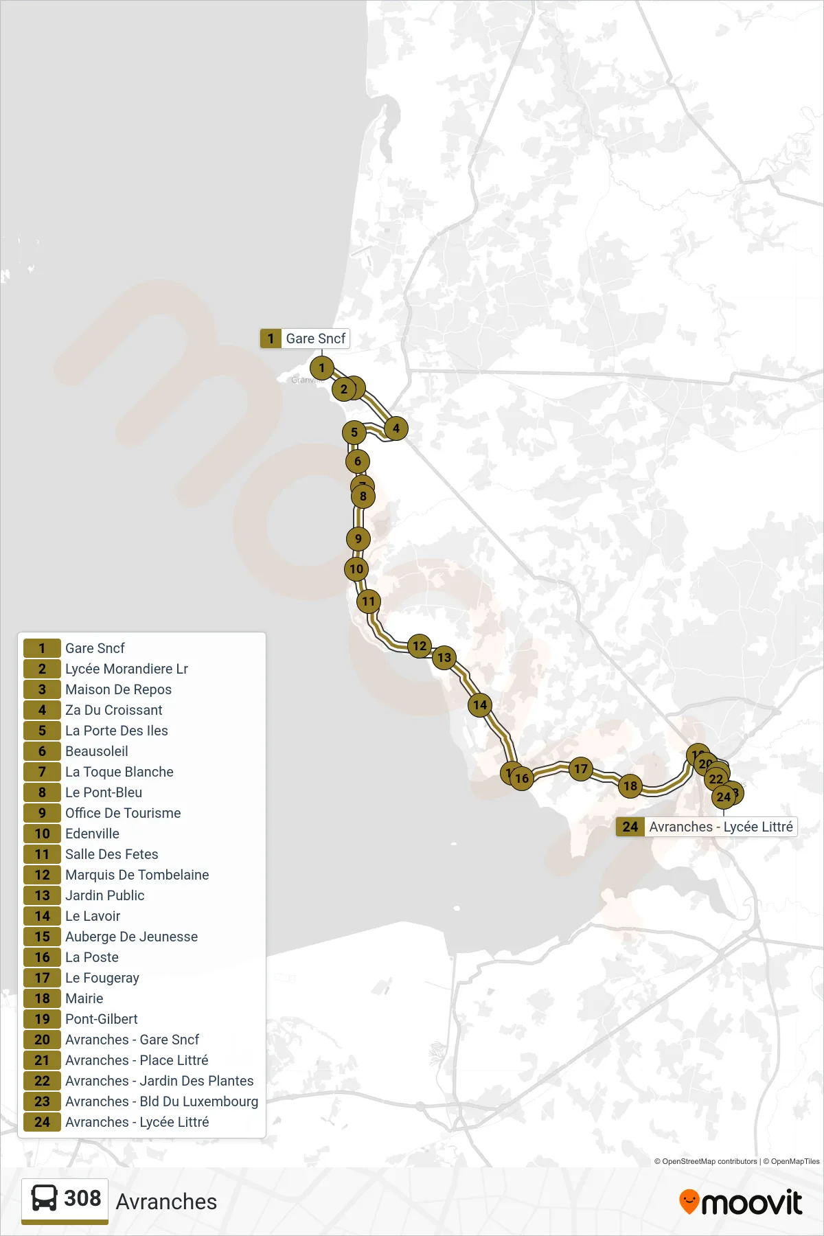 Tracé et arrêts de la ligne 308 de bus (Avranches) sur une carte
