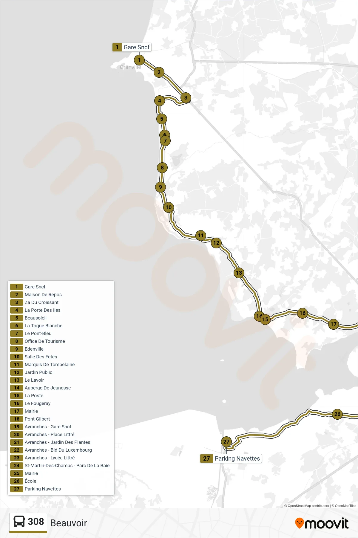 Tracé et arrêts de la ligne 308 de bus (Beauvoir) sur une carte