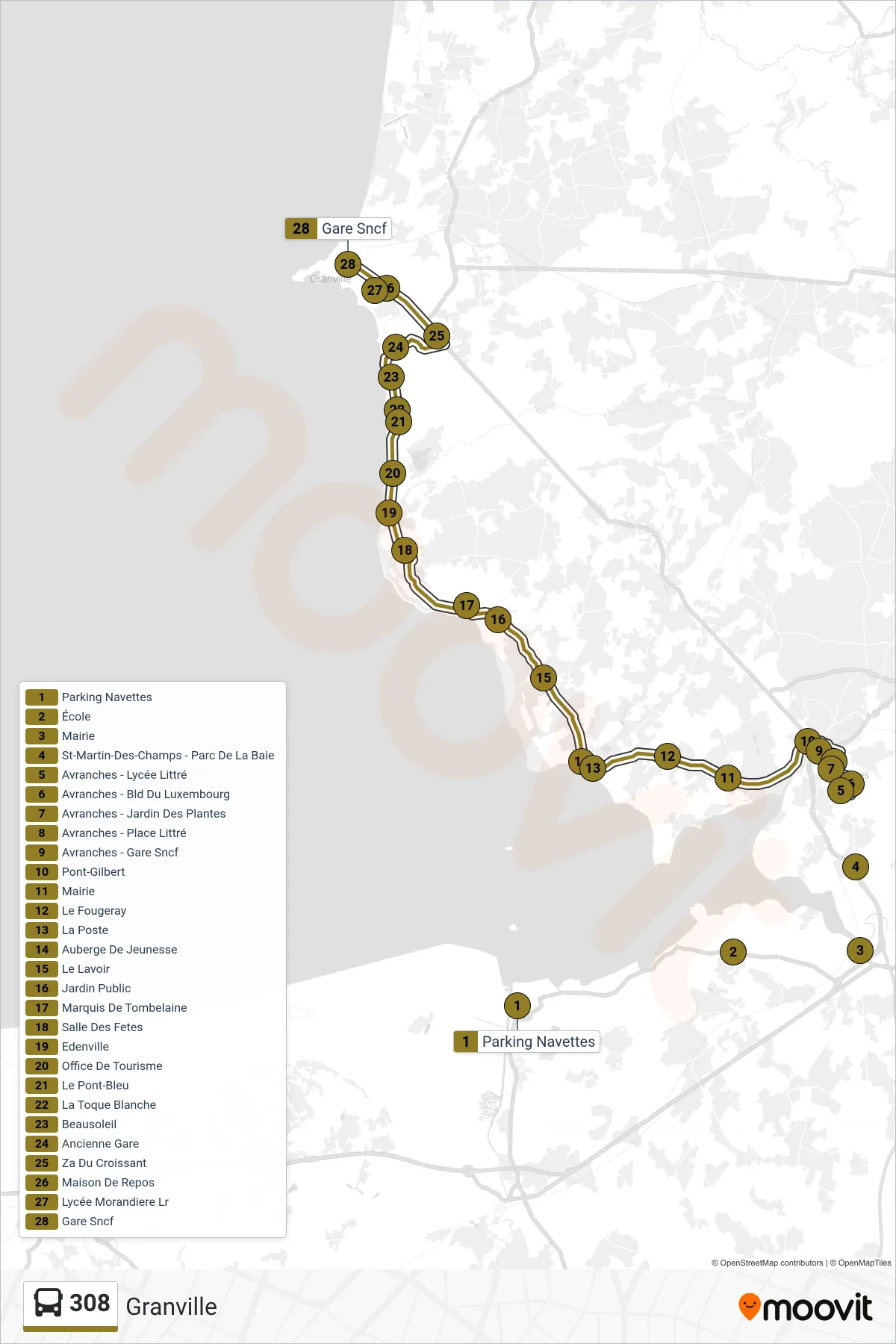 Tracé et arrêts de la ligne 308 de bus (Granville) sur une carte