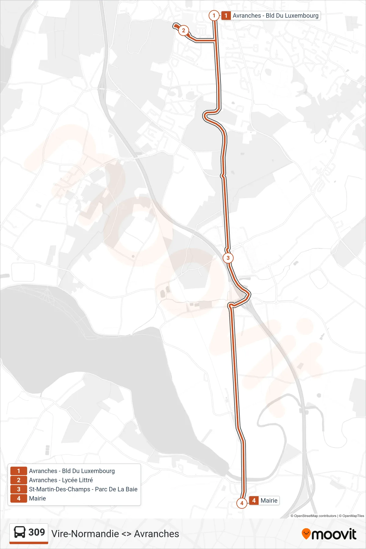 Tracé et arrêts de la ligne 309 de bus (Pontaubault) sur une carte