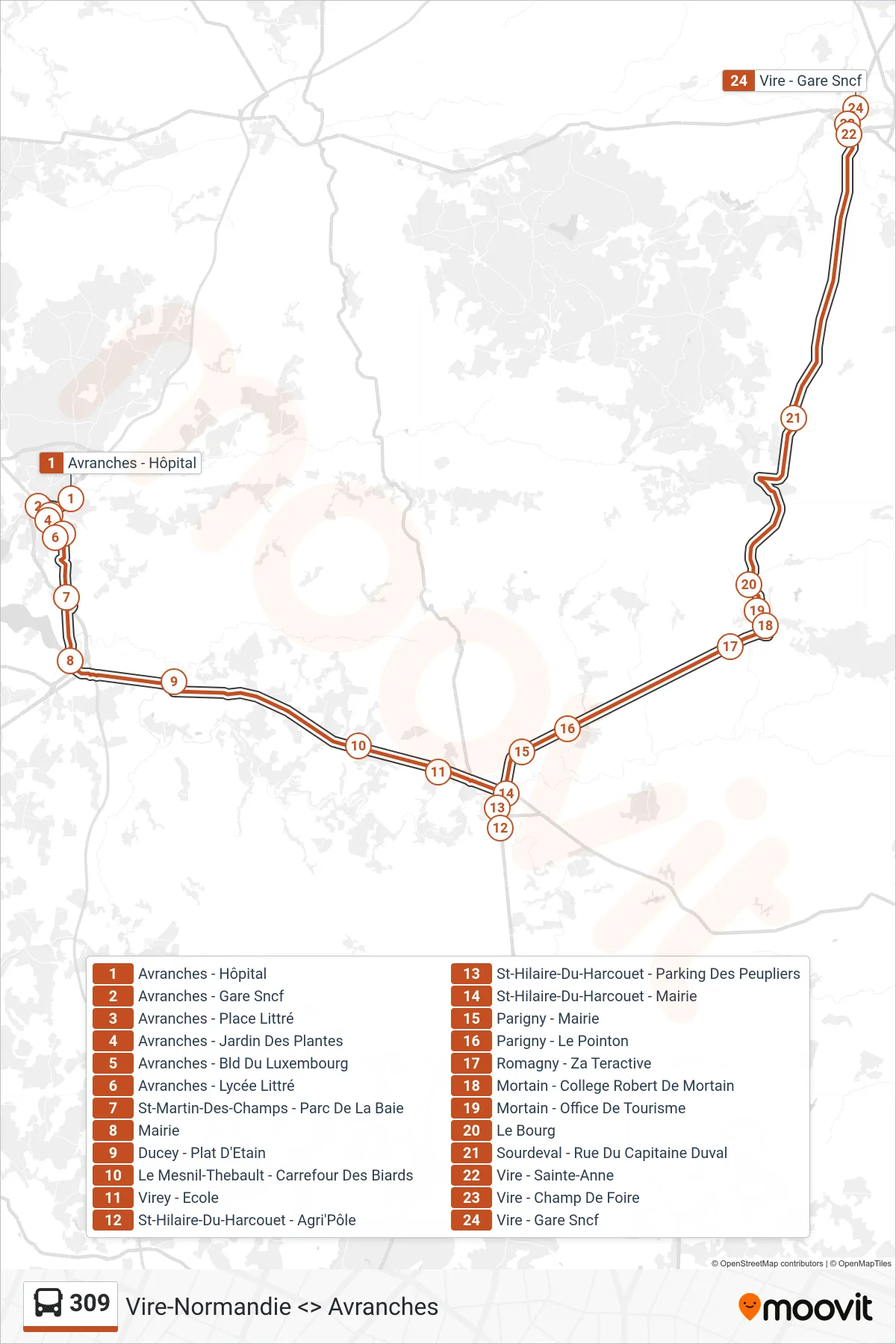 Tracé et arrêts de la ligne 309 de bus (Vire Normandie) sur une carte