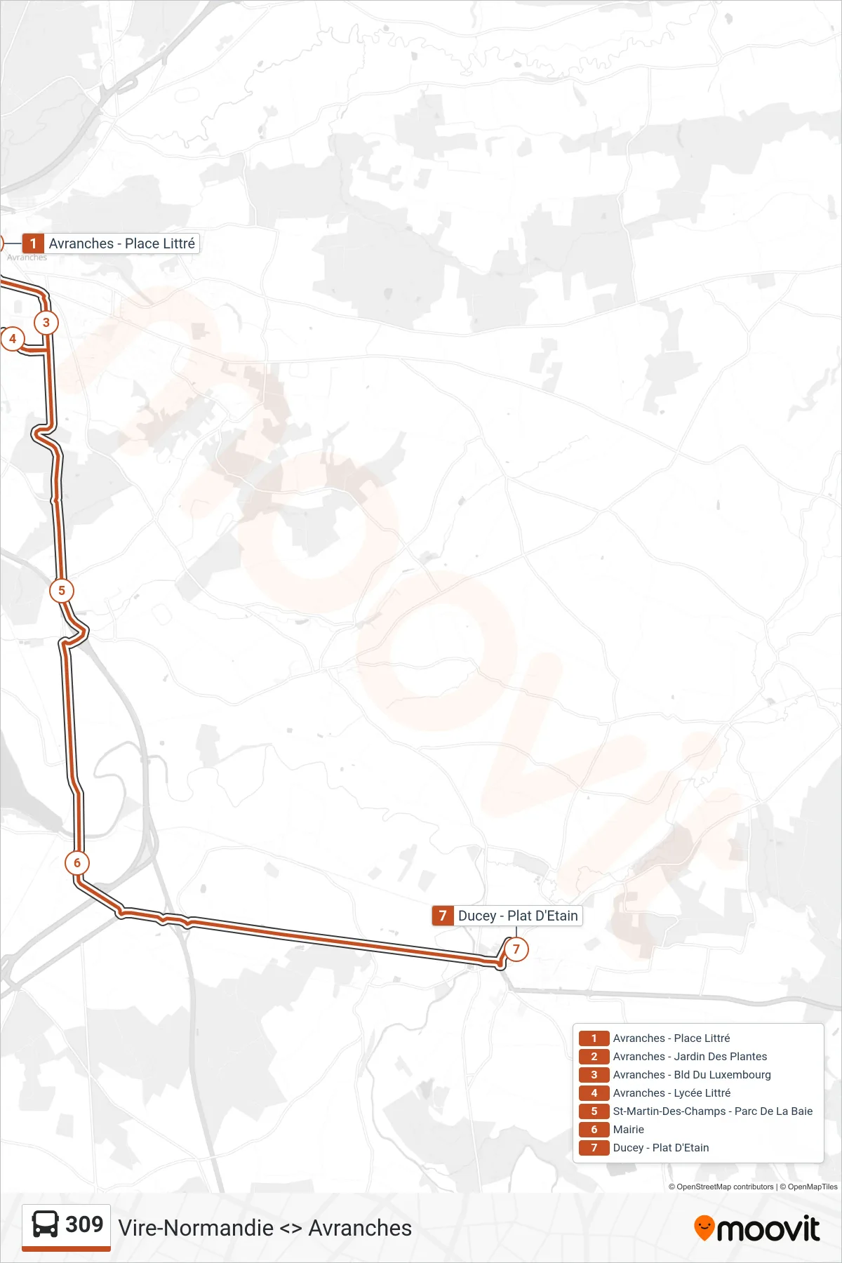 Tracé et arrêts de la ligne 309 de bus (Ducey-Les Chéris) sur une carte