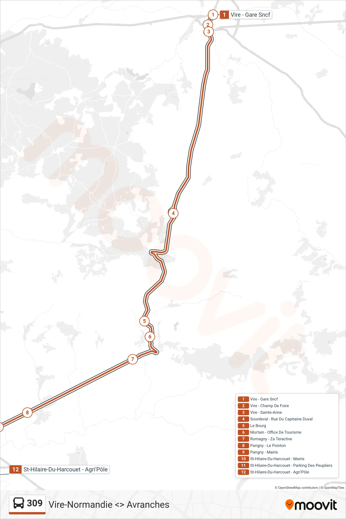 Tracé et arrêts de la ligne 309 de bus (Les Loges-Marchis) sur une carte