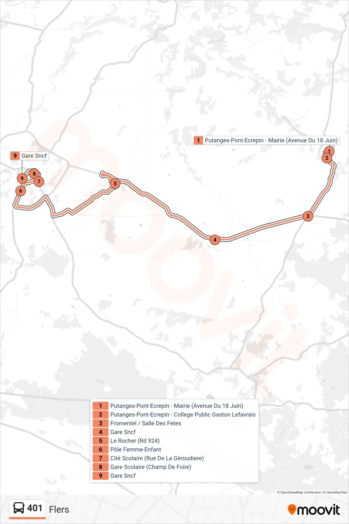 Tracé et arrêts de la ligne 401 de bus (Flers) sur une carte