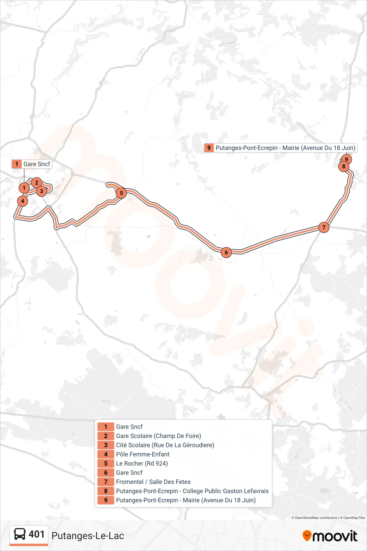 Tracé et arrêts de la ligne 401 de bus (Putanges-Le-Lac) sur une carte